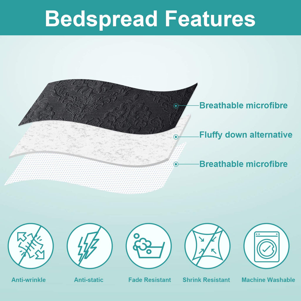 Hansleep Black Quilt Twin Size - Damask Ultrasonic All Season Bedspread Twin, Soft Lightweight Coverlet Bedding Set, 2 Pieces (1 Quilt, 1 Pillow Sham)