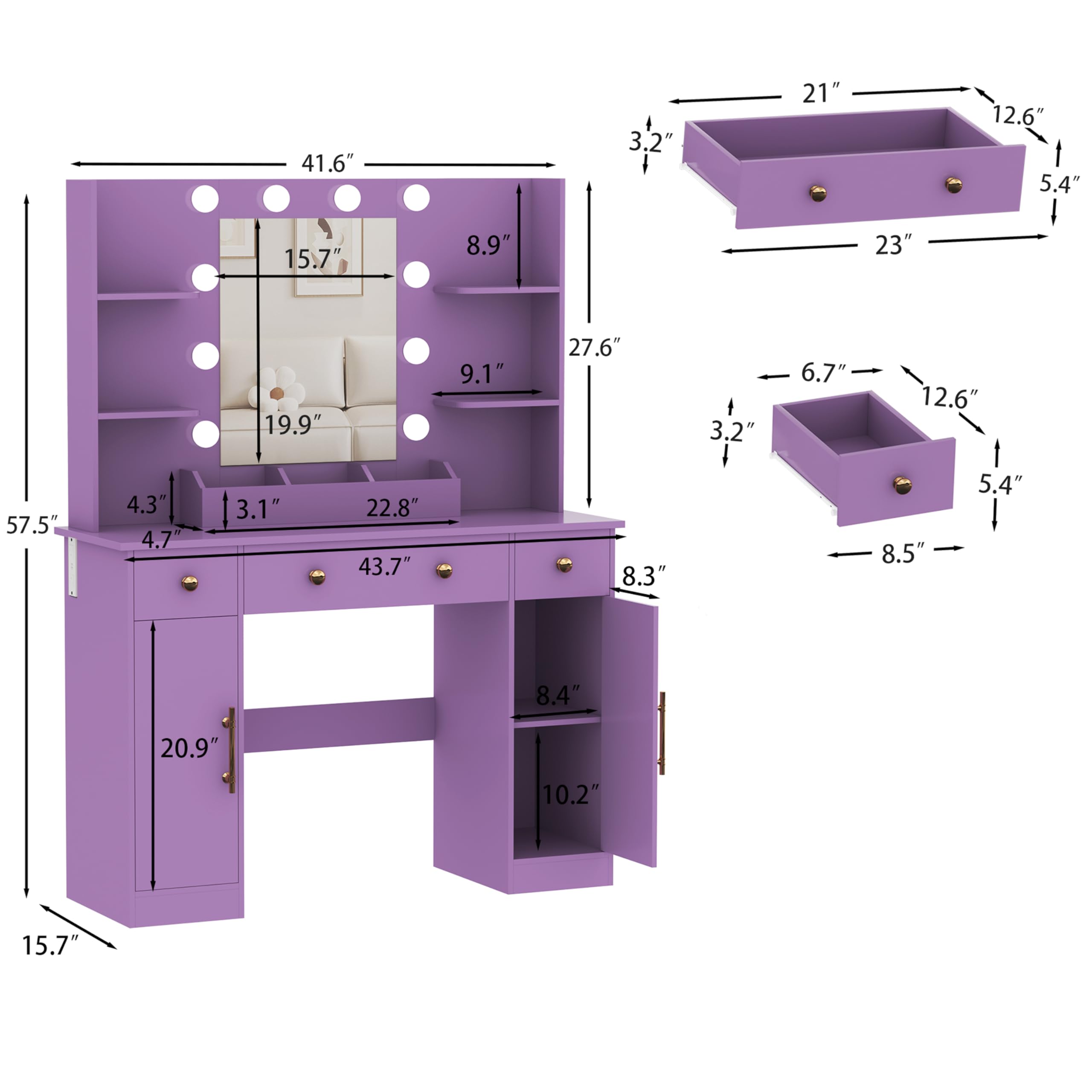 HUANLEGO Vanity Desk with Mirror and Lights, Makeup Vanity with Mirror and LED Lights & Power Outlet, 3 Drawers and Cabinets, 3 Lighting Modes Dressing Table Set for Girls Women Bedroom,Oak