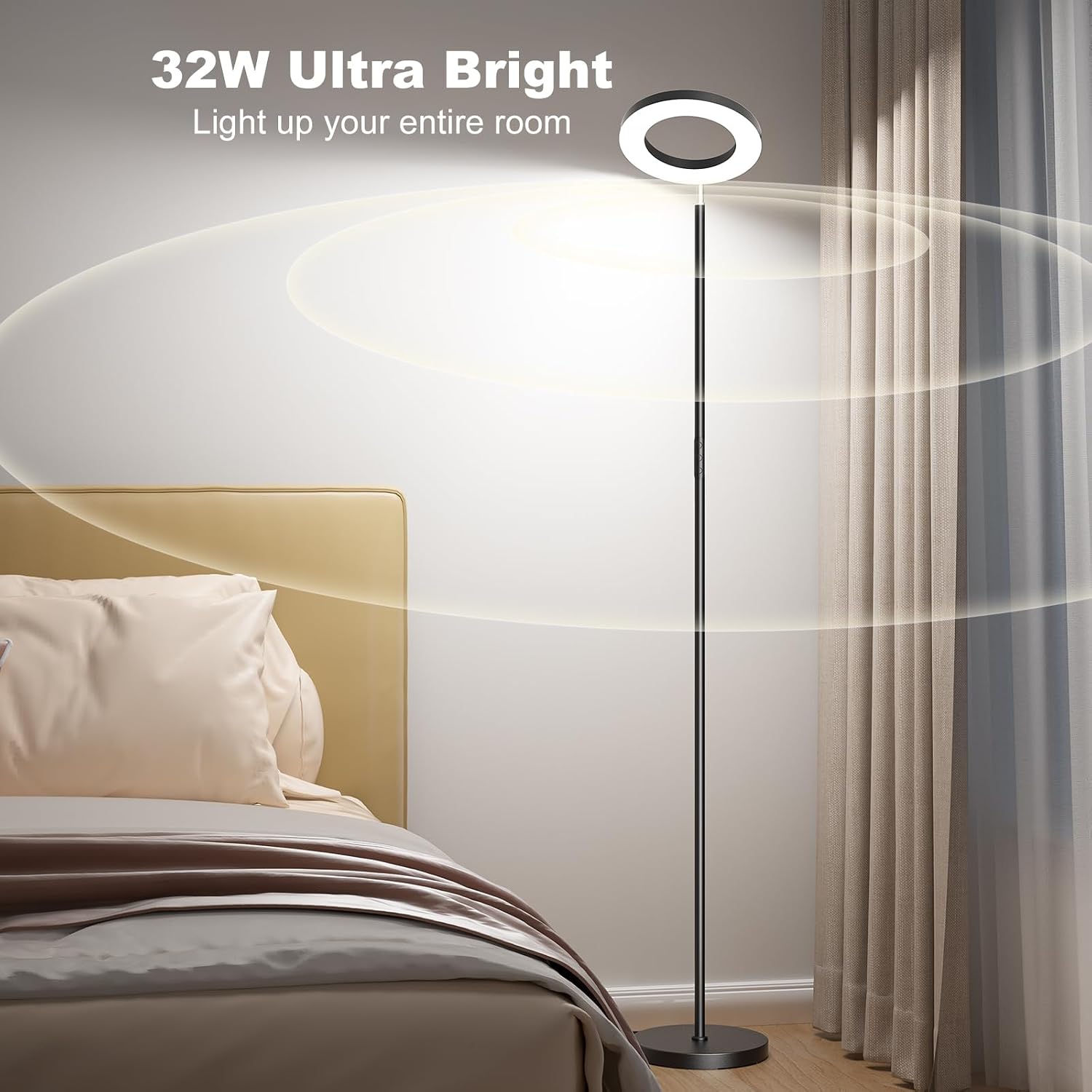 FULSUNT RGB Floor Lamp, 32W Bright LED Standing Lamp with Remote, Stepless Dimmable, Modern Color Changing Torchiere Tall Lamps for Living Room Bedroom Office Gaming Party