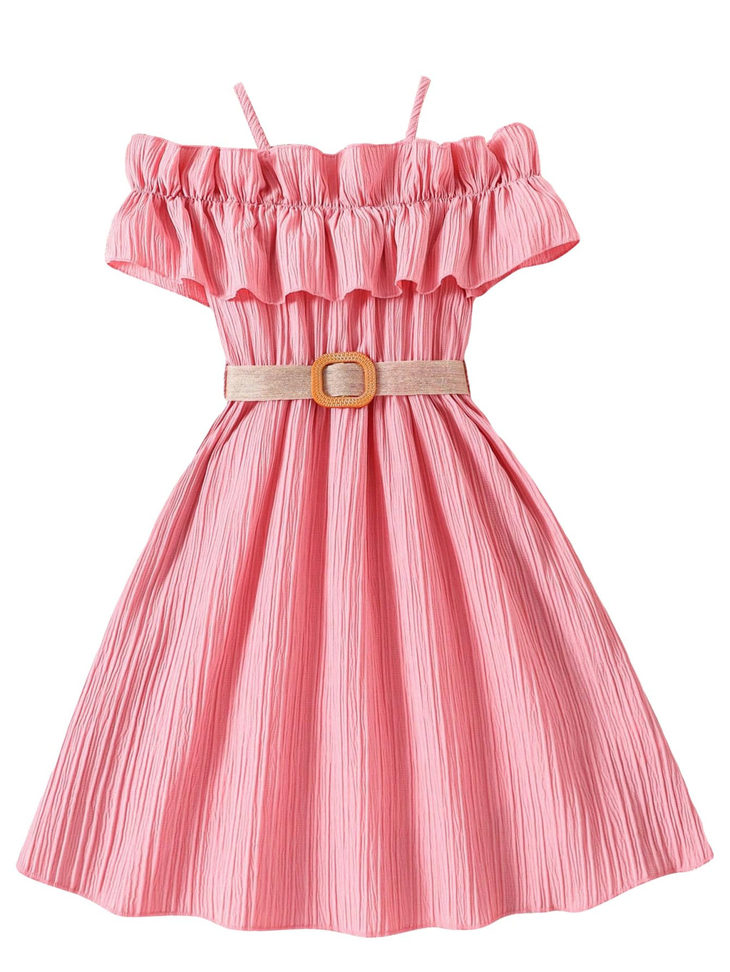 Floerns Girls Cold Shoulder Ruffle Trim Short Sleeve Belted A Line Midi Dress