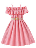 Floerns Girls Cold Shoulder Ruffle Trim Short Sleeve Belted A Line Midi Dress
