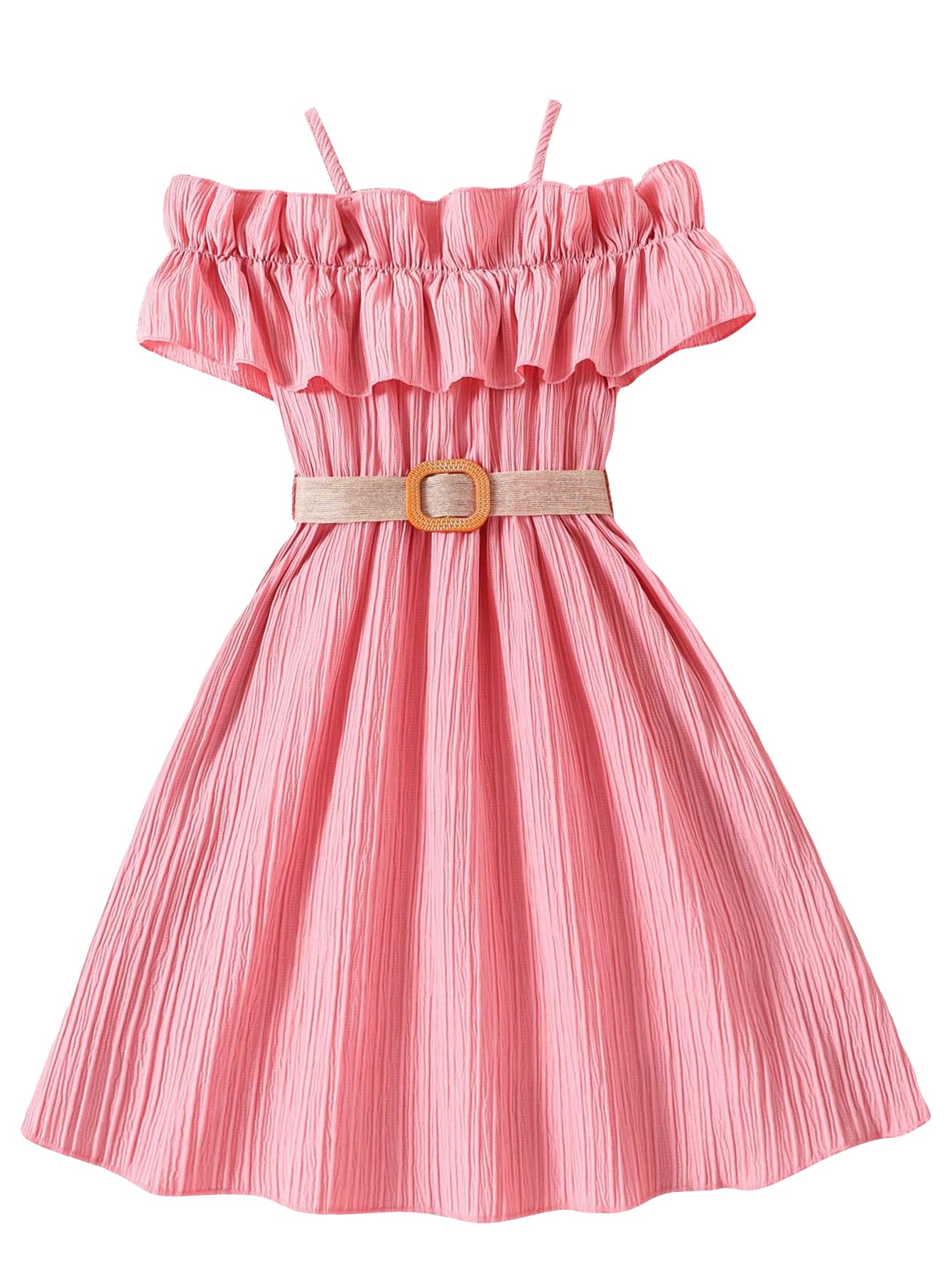 Floerns Girls Cold Shoulder Ruffle Trim Short Sleeve Belted A Line Midi Dress