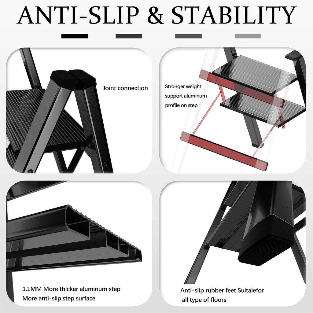 2 Step Lightweight Folding Ladder for Home, 330lbs Aluminum Step Ladder Anti-Slip for Kitchen, Step Stool Foldable Adults for Closet, 330lbs - Black