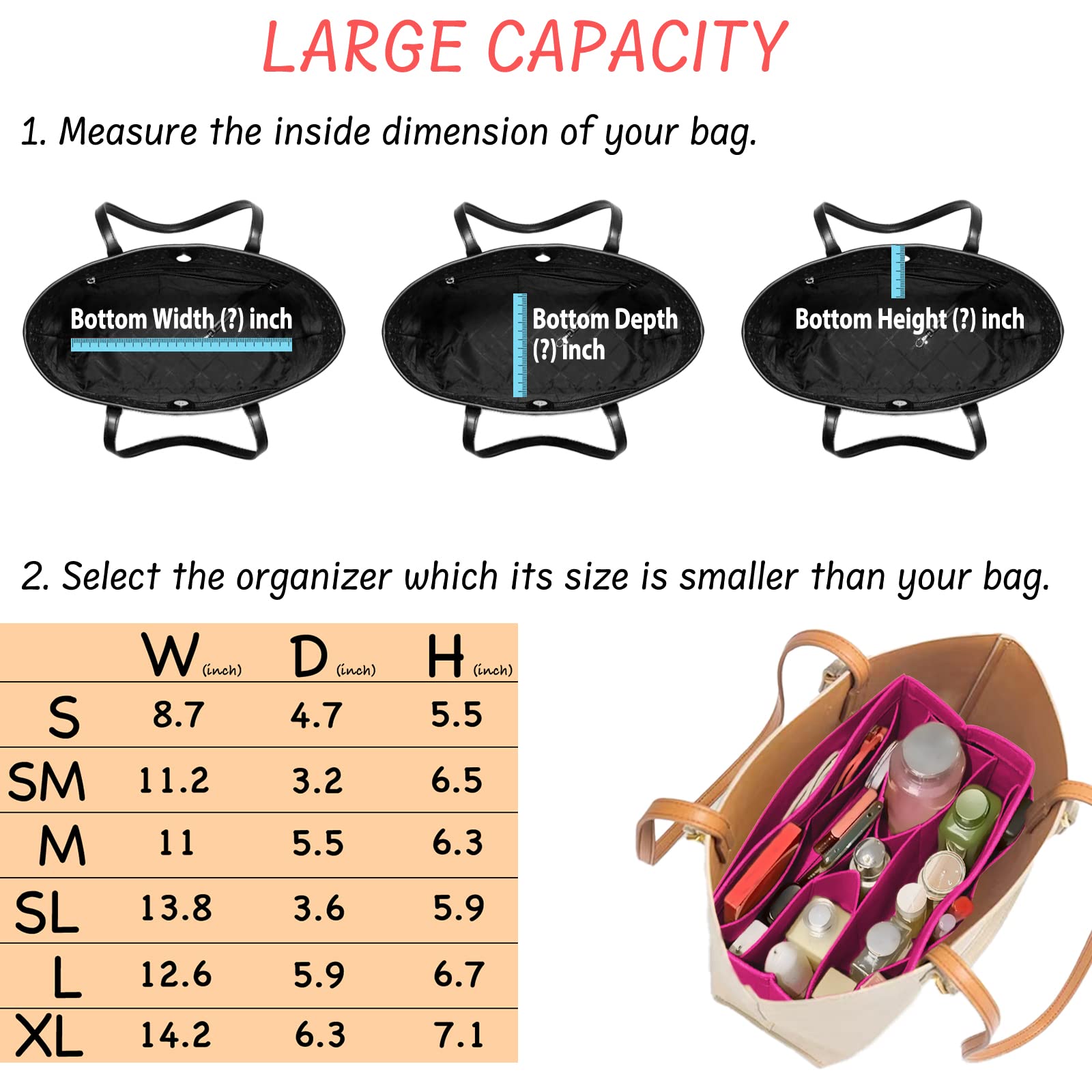 DailyPlus Purse Organizer Insert Felt Bag Organizer Handbag Organizer Insert Bag In Bag Organizer for Tote Purse Bag 14 Pockets Beige Small
