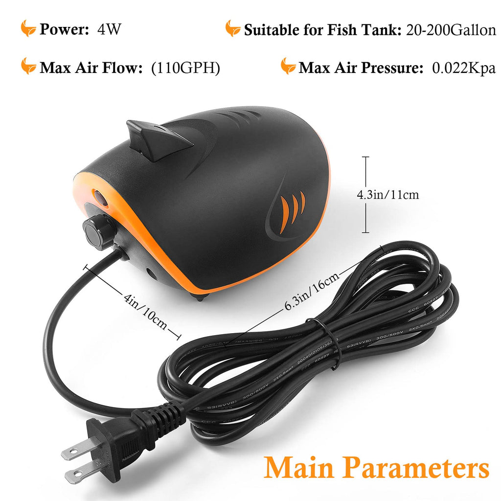 HITOP 4W 110GPH Powerful Aquarium Air Pump, Quiet 2-outlets Aquarium Aerator, Adjustable Fish Tank Air Pump with Accessories, for 20-200 Gallon Tank, with ON/Off Button