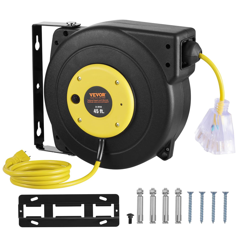 VEVOR Retractable Extension Cord Reel, 30 FT, Heavy Duty 16AWG/3C SJTOW Retractable Power Cord Reel with Lighted Triple Tap Outlet 10 Amp Circuit Breaker 4.5FT Lead-in Cord, for Ceiling or Wall Mount