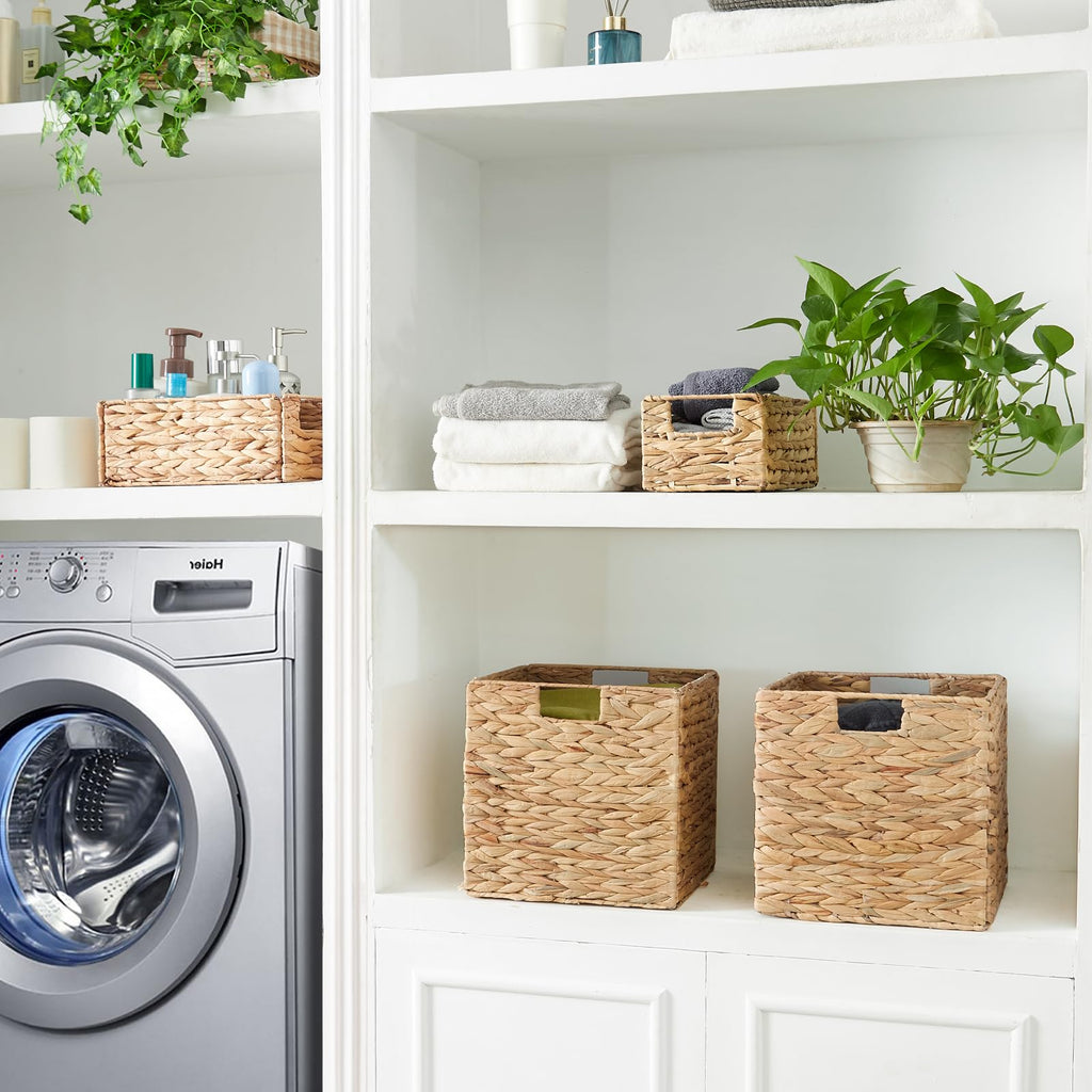 Vagusicc Wicker Storage Basket, Set of 2 Seagrass Storage Baskets, Foldable Wicker Basket 9 Inch Square Cube Storage Bins Storage Baskets for Organizing Shelf Baskets, 9''x9''x9''