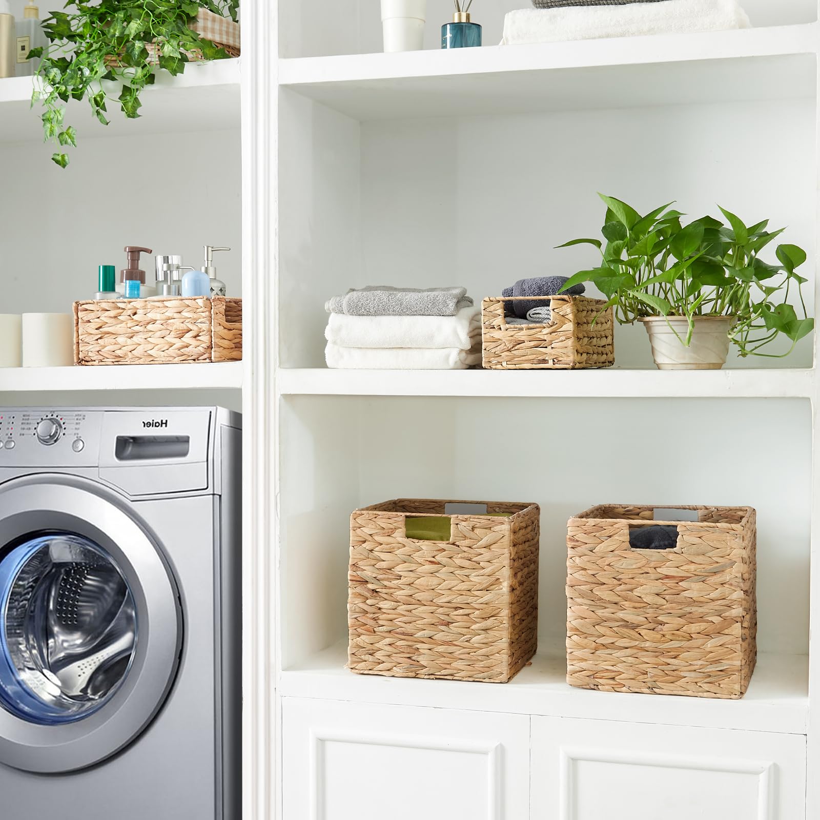 Vagusicc Wicker Storage Basket, Set of 2 Seagrass Storage Baskets, Foldable Wicker Basket 9 Inch Square Cube Storage Bins Storage Baskets for Organizing Shelf Baskets, 9''x9''x9''