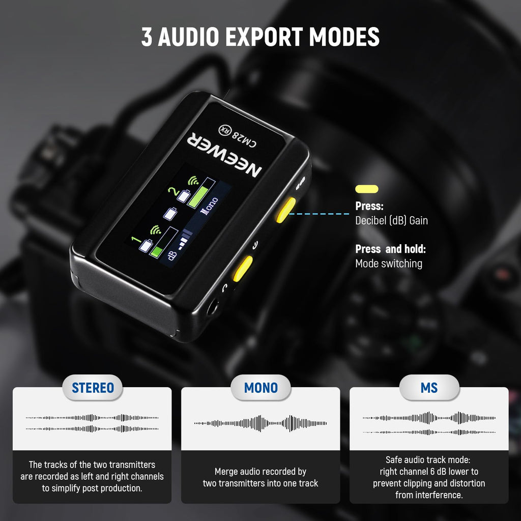 NEEWER CM28 Wireless Lavalier Microphone System, 1 Click Noise Canceling, 4GB Storage for 9Hrs of 48KHz 16 Bit Uncompressed Audio, Lapel Mic Compatible with iPhone/Android/PC/Camera/iPad