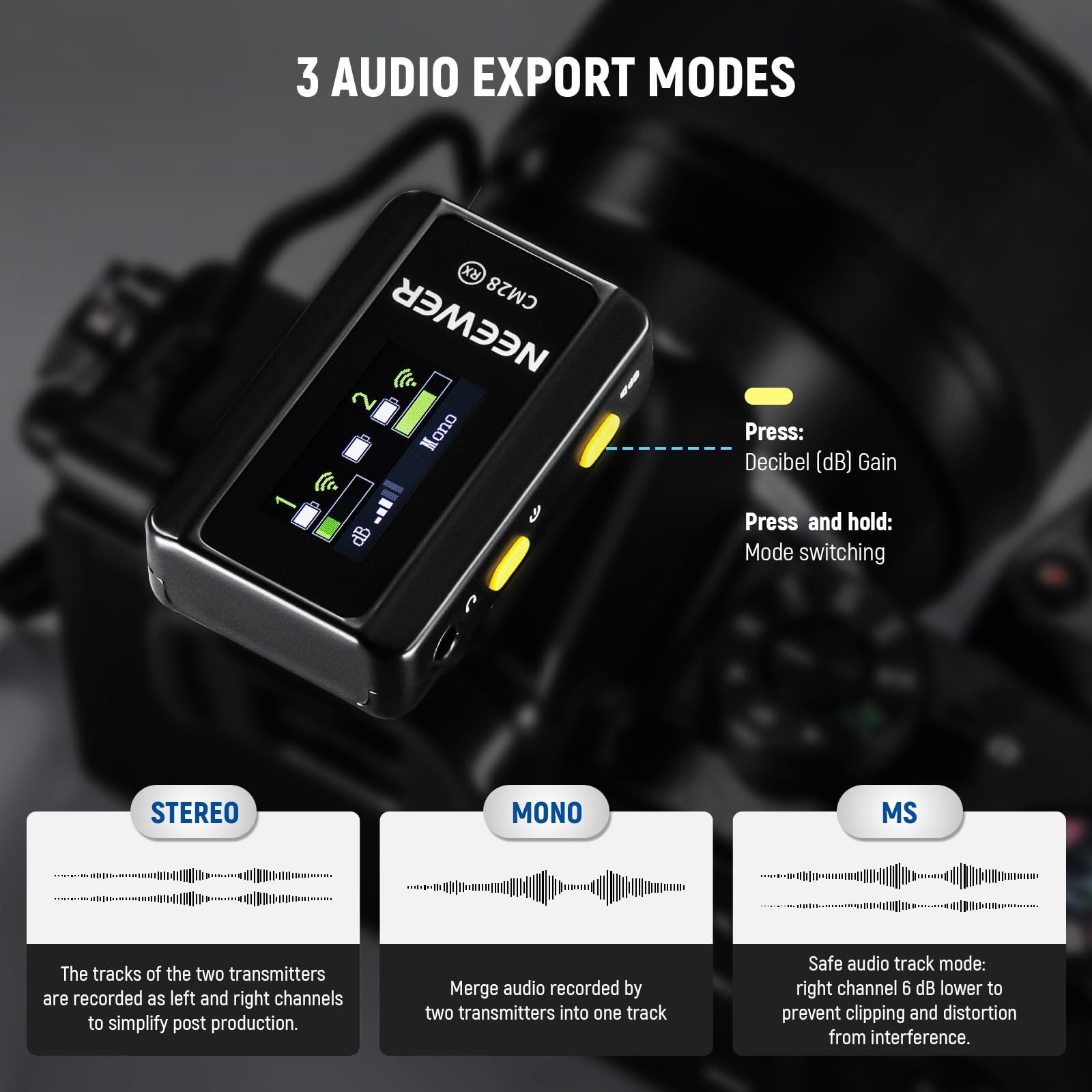 NEEWER CM28 Wireless Lavalier Microphone System, 1 Click Noise Canceling, 4GB Storage for 9Hrs of 48KHz 16 Bit Uncompressed Audio, Lapel Mic Compatible with iPhone/Android/PC/Camera/iPad