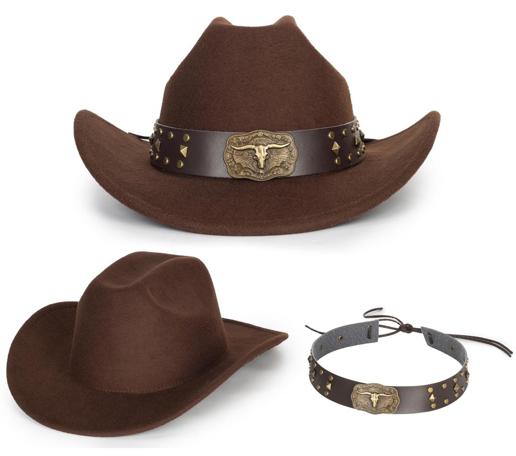 Eohak Womens Western Cowboy Hats Studded Pinched Western Cowgirl Hats Wide Brim Fedoras Hat with Belt Buckle (Size:Medium)