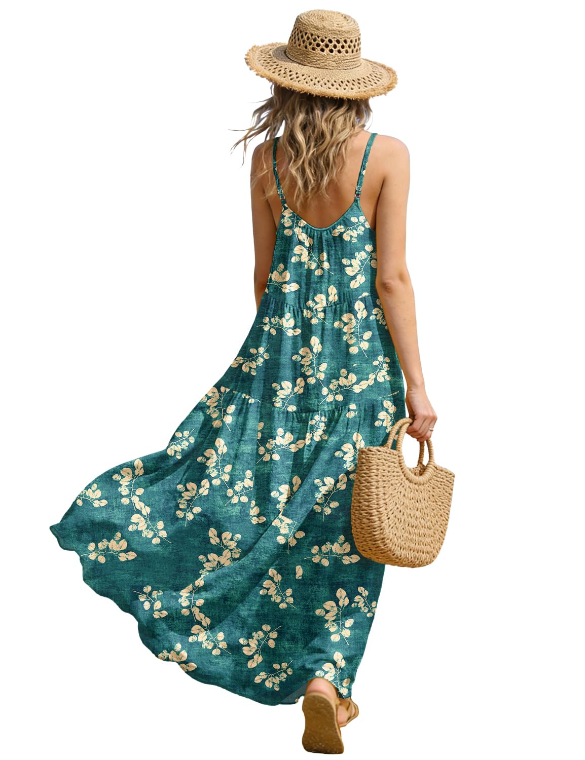 YESNO Summer Bohemian Floral Dresses for Women Spaghetti Straps Maxi Dress Casual Flowy Dresses with Pockets ES0