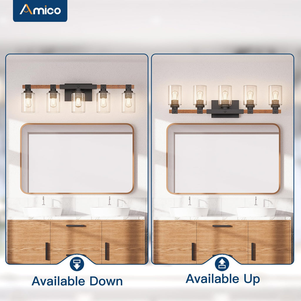Amico 3-Light Farmhouse Vanity Light Fixture, Rustic Wood Bathroom Light Fixtures, Industrial Vintage Black Wall Sconces Lights with Bubble Glass Shade for Mirror, Bedroom, Living Room, Hallway