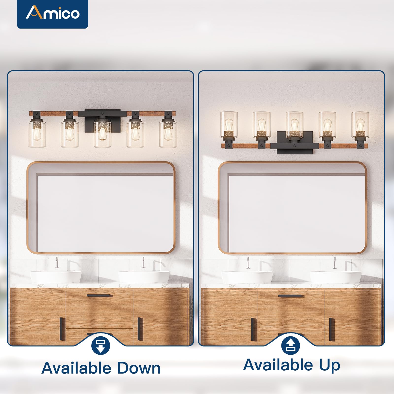 Amico 3-Light Farmhouse Vanity Light Fixture, Rustic Wood Bathroom Light Fixtures, Industrial Vintage Black Wall Sconces Lights with Bubble Glass Shade for Mirror, Bedroom, Living Room, Hallway