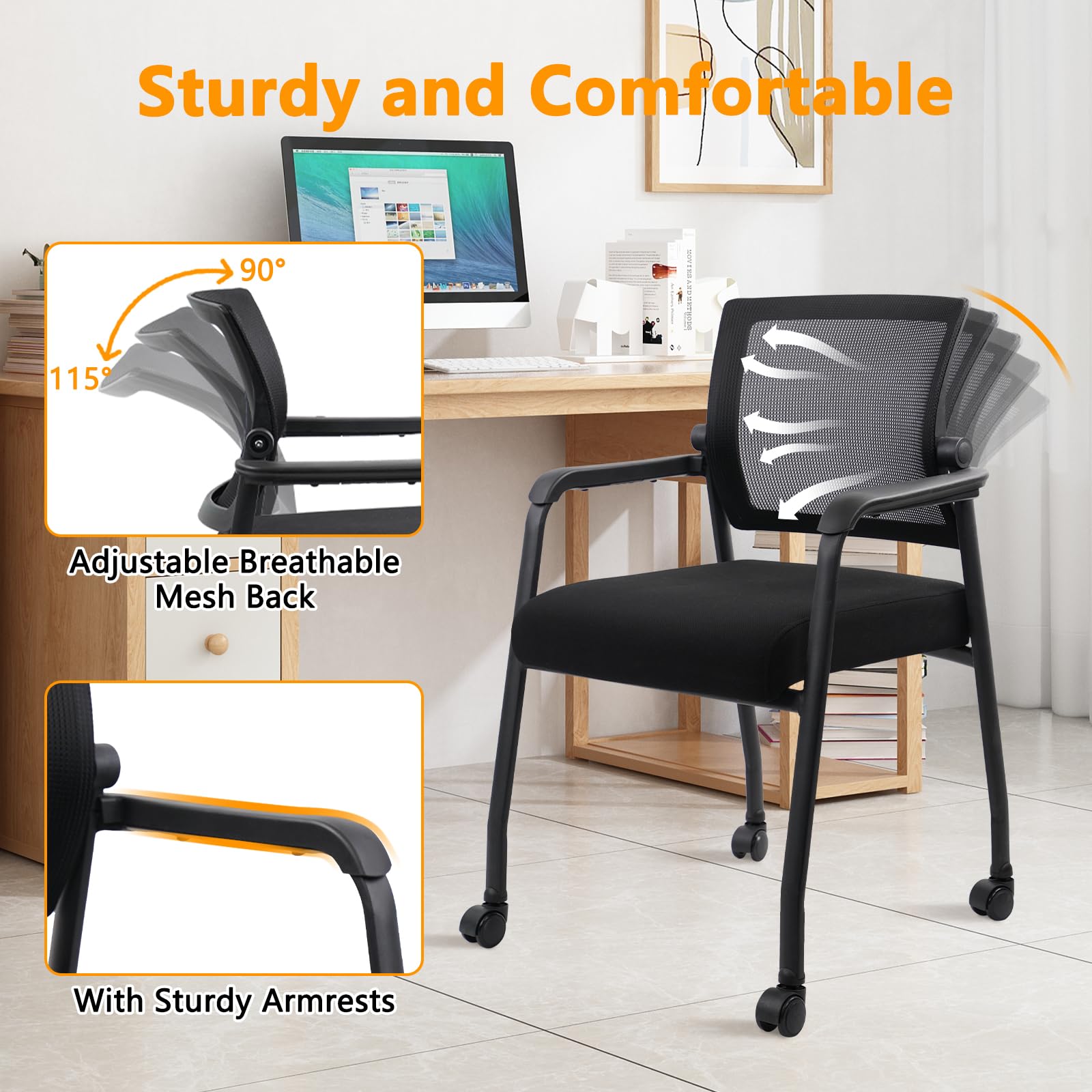 KLASIKA Desk Chair No Wheels with Adjustable Mesh Backrest, Arm Chair with Ergonomic Lumbar Support and Thickened Seats Cushion, Waiting Room Chairs for Office School Church Guest Reception