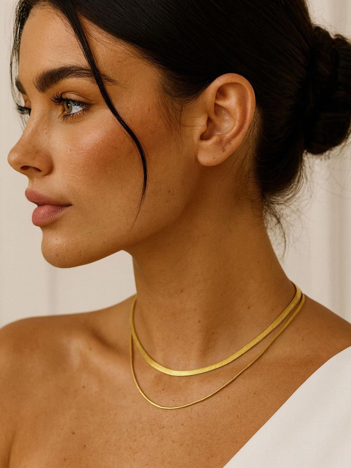 FOCALOOK 14K Gold Plated Necklaces for Women, Fashion Herringbone Choker Necklace Stainless Steel Flat Snake Chain 3/5MM(W) 12.5"/15"/18"+3.5"(L)