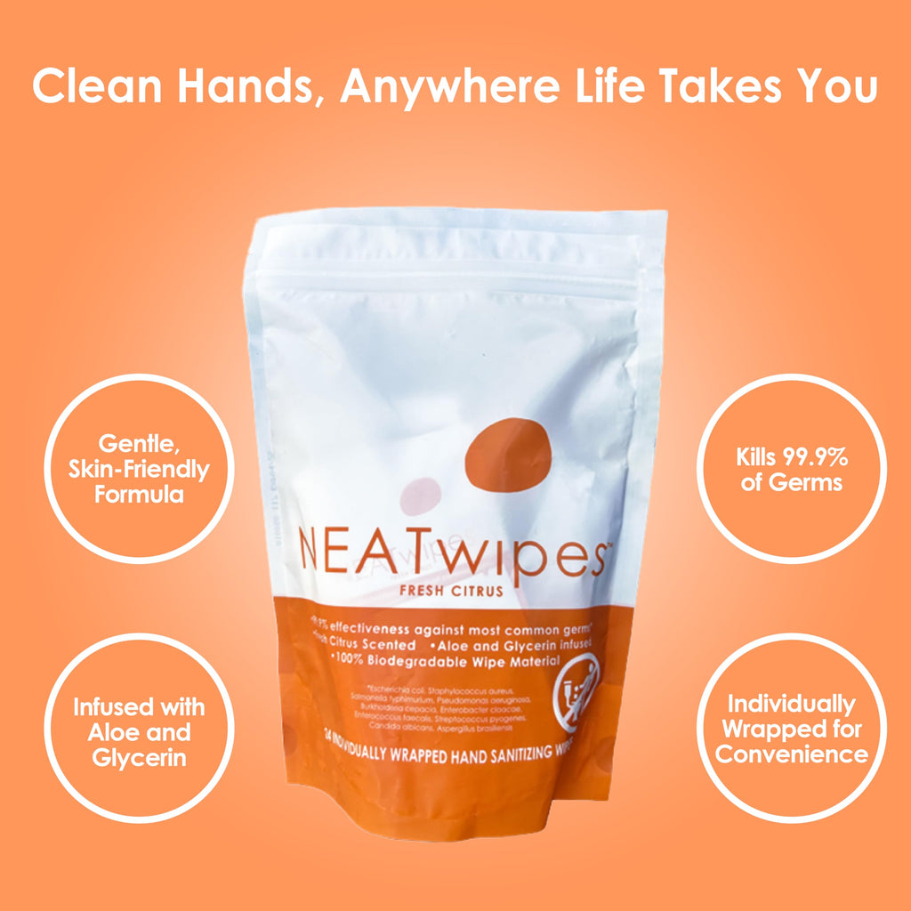 NEATwipes Hand Sanitizing Wipes | Travel Size | Disposable Wet Wipe & Biodegradable | Fresh Citrus Essential Oil | Soothing Aloe Vera | 24 Individually Wrapped Wipes