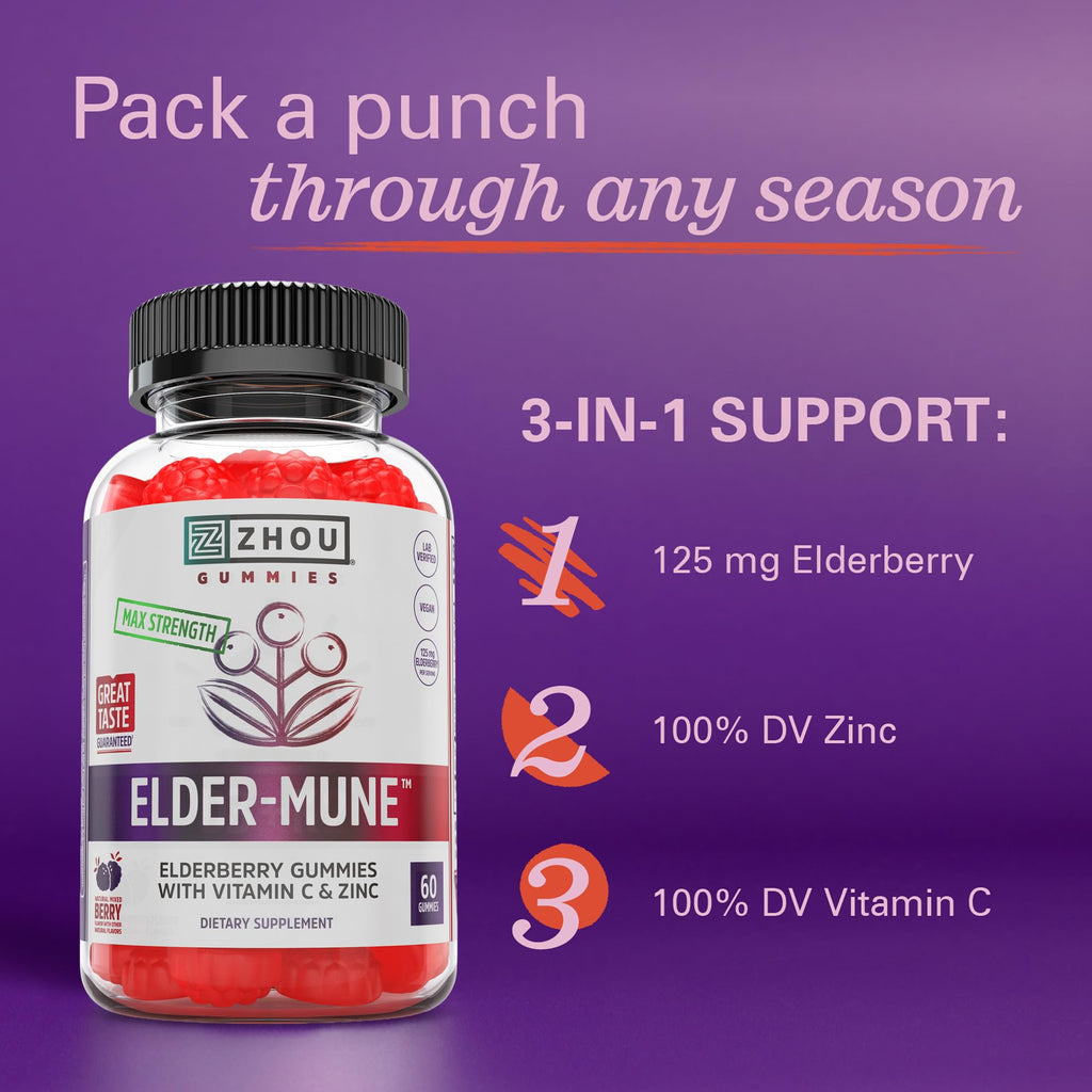 Zhou Elder-Mune Elderberry Gummies with Vitamin C and Zinc - Daily Immune Support Supplement for Women & Men, Chewable Natural Black Elderberry for Adults & Children 4 & Up - 60 Gummies