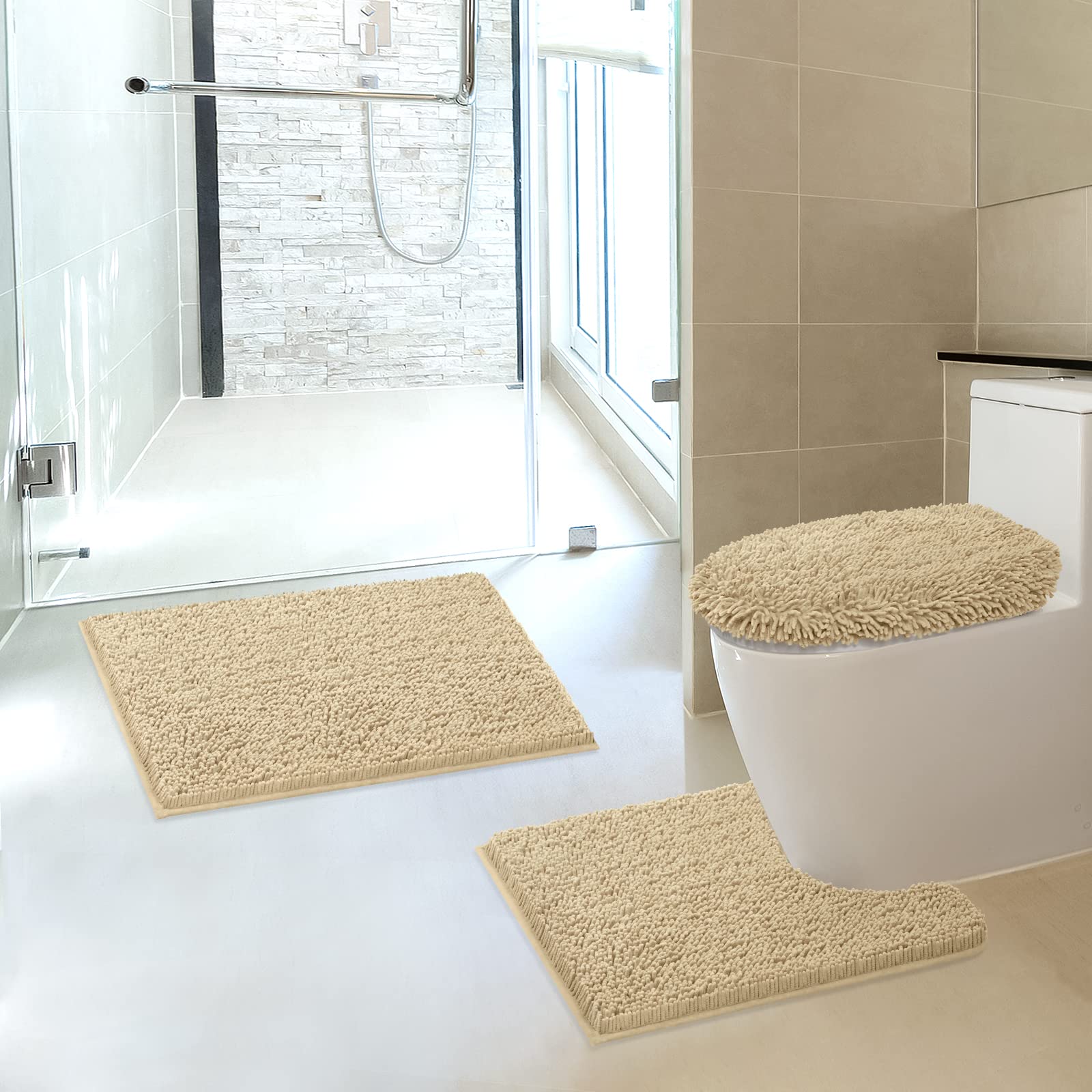TREETONE Chenille Bath Mat 3 Pieces Bathroom Rugs Set, 20x20 Inches U-Shape Contoured Toilet Mat & 20x32 Inches Rug & Lid Cover,Water Absorbent Plush Rugs for Tub Shower & Bath Room -Beige