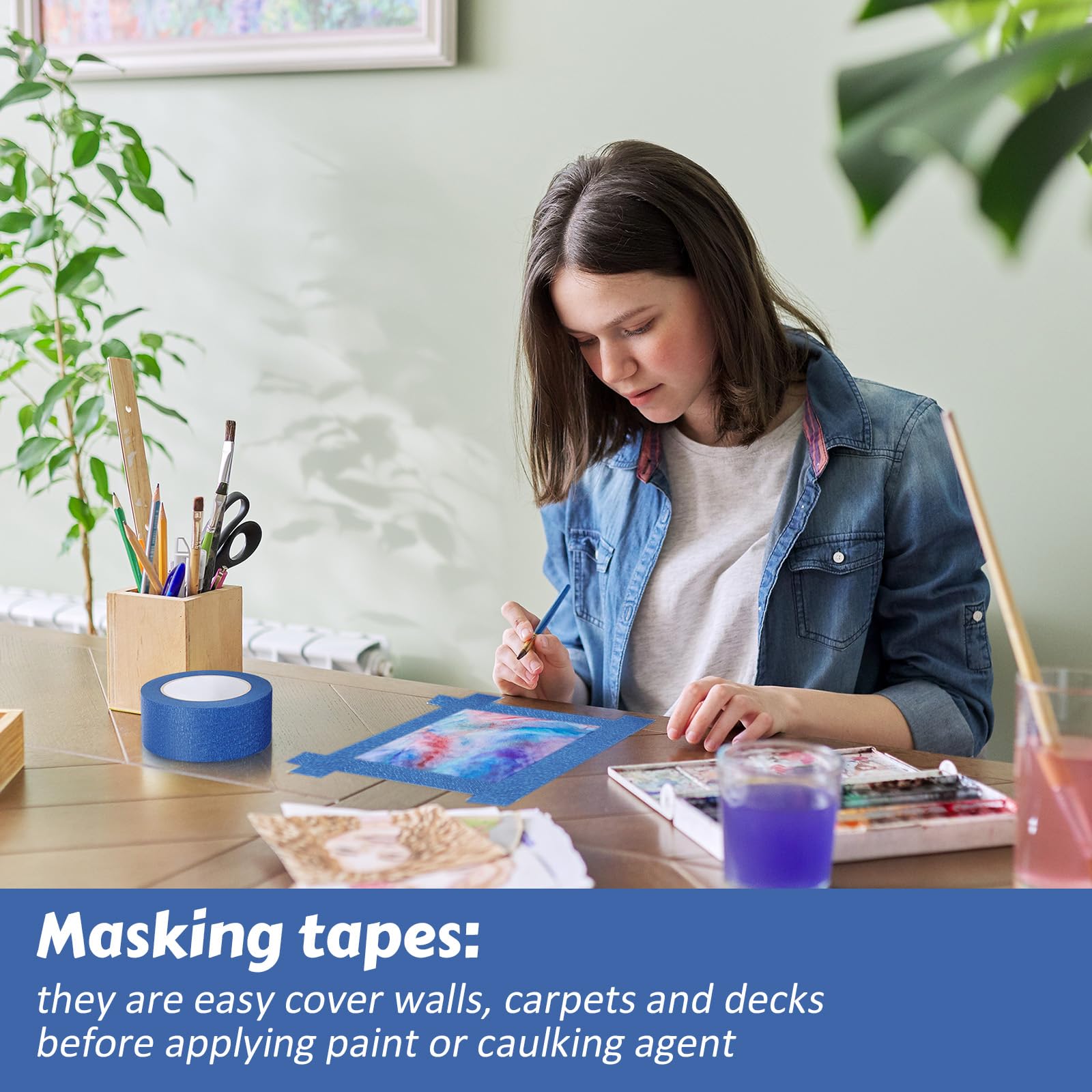 Fainne 12 Rolls Blue Painters Tape Bulk Multi Pack Safe Paint Paper Masking Tape for Wall Painting Decoration Supplies (Blue,1 Inch X 55 Yards)