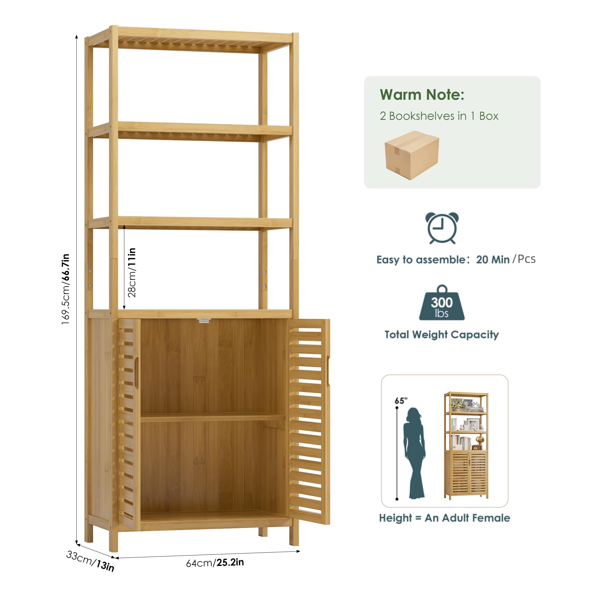 HIFIT Tall Bathroom Storage Cabinet, 66" Bamboo Narrow Bathroom Floor Cabinet with 2 Door & 4-Tier Open Shelves, Corner Tall Cabinets Freestanding Organizer Unit for Bath, Living Room, Entryway,Nature