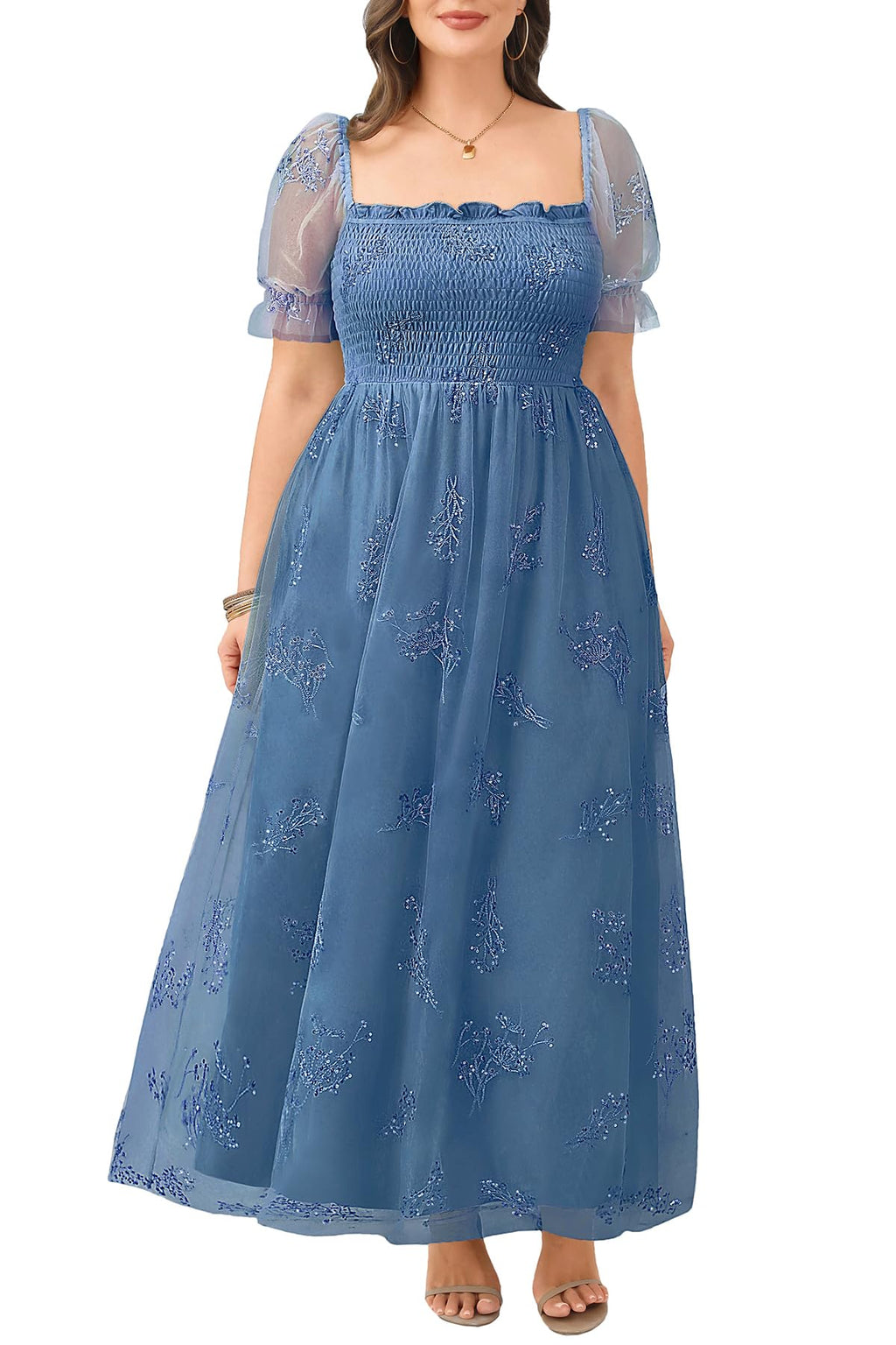 Plus Size Formal Dresses - Bridesmaid Leaf Embroidery with Sequin Tulle Prom Long Dress
