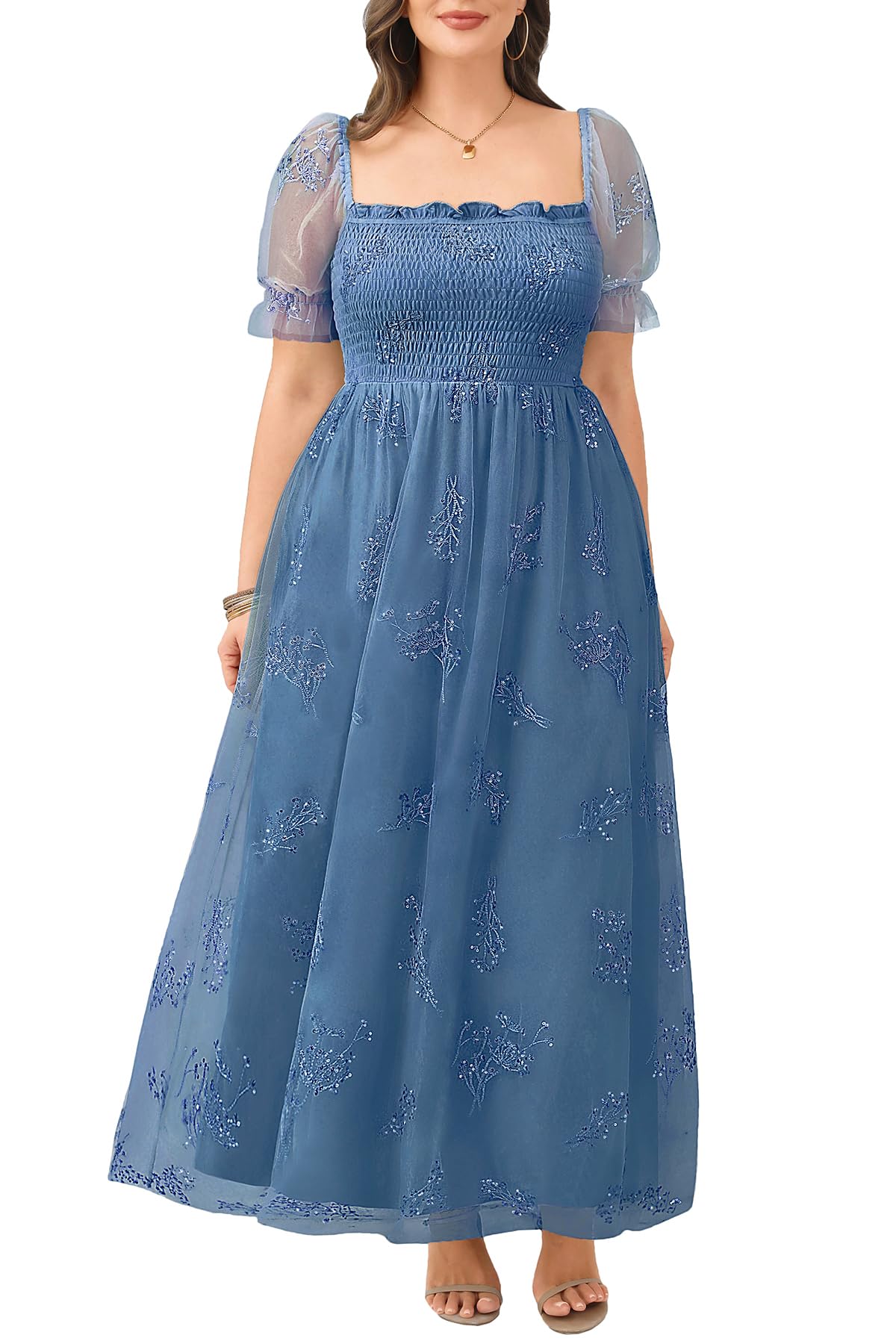 Plus Size Formal Dresses - Bridesmaid Leaf Embroidery with Sequin Tulle Prom Long Dress