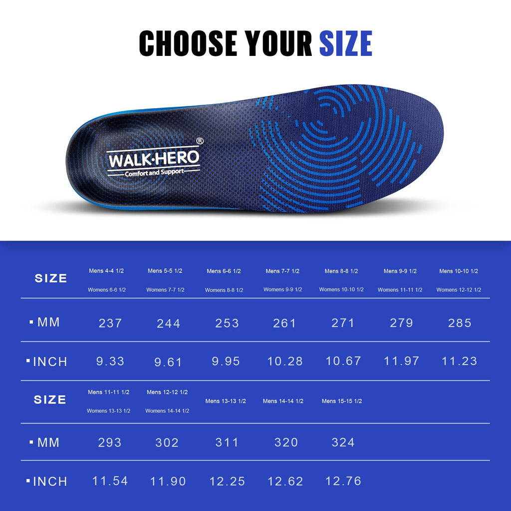 WalkHero Plantar Fasciitis Insoles - Medium Arch Support Inserts for Men & Women with Comfort Cushion | Orthotic Inserts to Relieve Foot Pain and Provide Shock Absorption (Blue) Mens 4-4 1/2