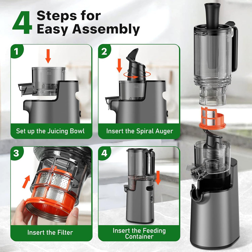 Cold Press Juicer, Masticating Juicer with 5.4" Wide Feed Chute, 350w Slow Juicer Machines Fit Whole Vegetables and Fruits with High Juice Yield, Easy to Clean (Black)