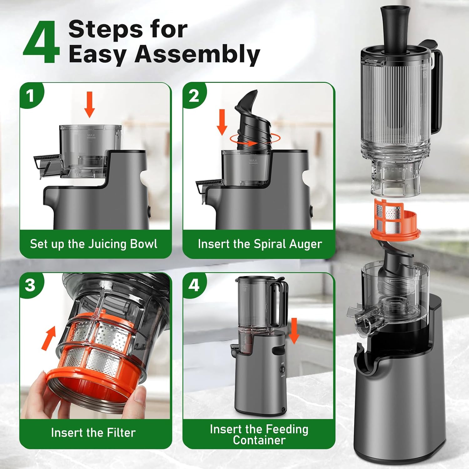Cold Press Juicer, Masticating Juicer with 5.4" Wide Feed Chute, 350w Slow Juicer Machines Fit Whole Vegetables and Fruits with High Juice Yield, Easy to Clean (Black)