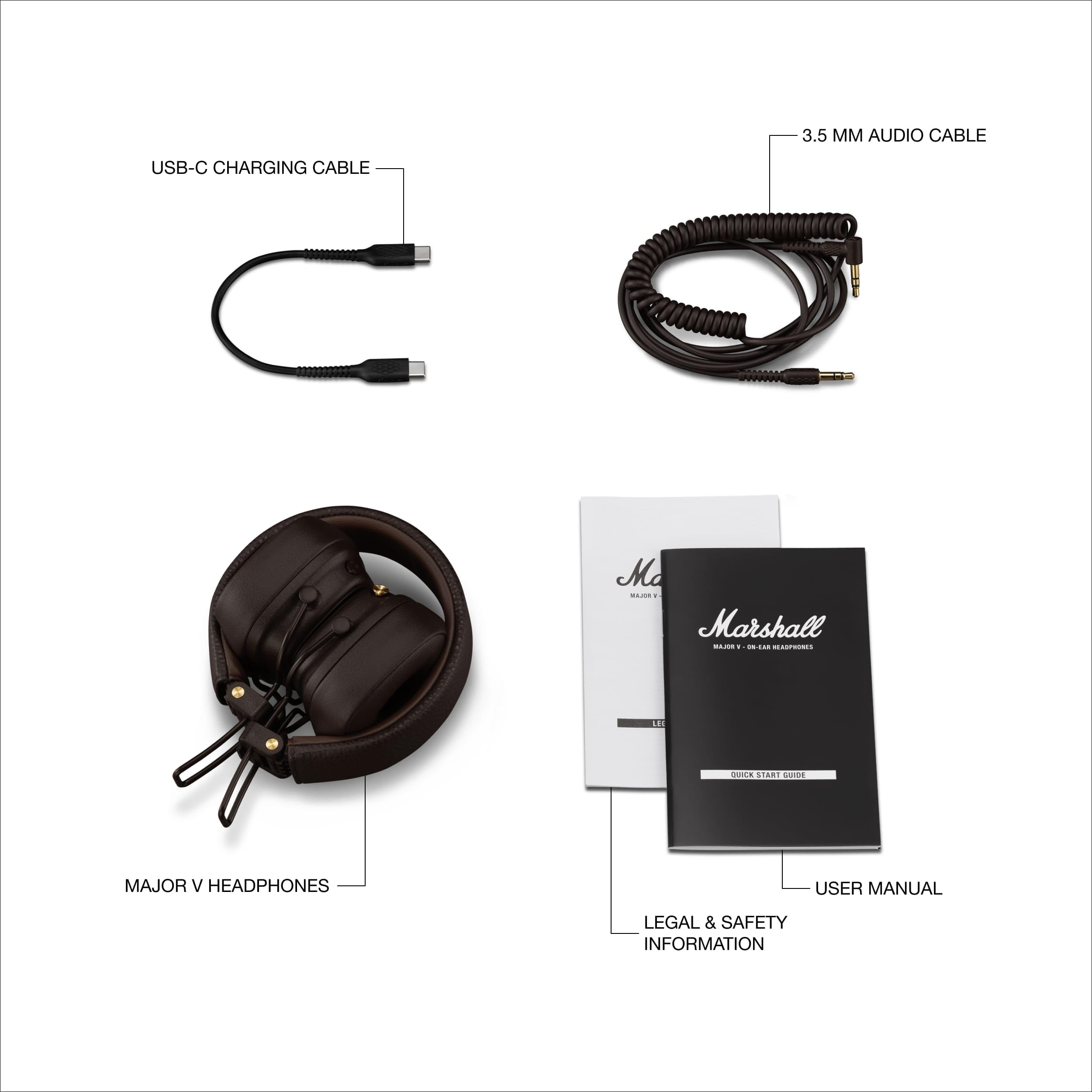 Marshall Major V Wireless On-Ear Bluetooth Headphones - 100+ Hr Playtime | Detachable Audio Cable | Microphone for Calls | Lightweight, Foldable Design for Travel - Black