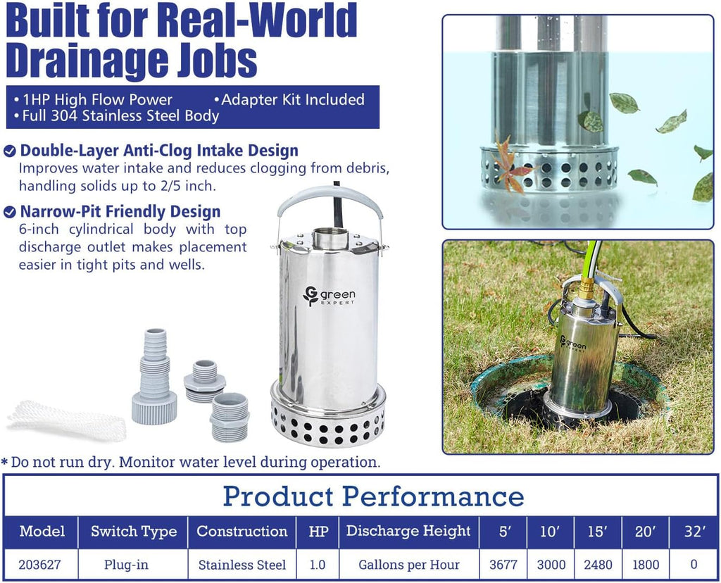 Green Expert 1HP Submersible Sump Pump, 4000GPH Full 304 Stainless Steel Manual Utility Pump with Adapter Kit, Oil-Free Top Discharge Water Removal for Basements, Pools, Hot Tubs & Drainage Pits