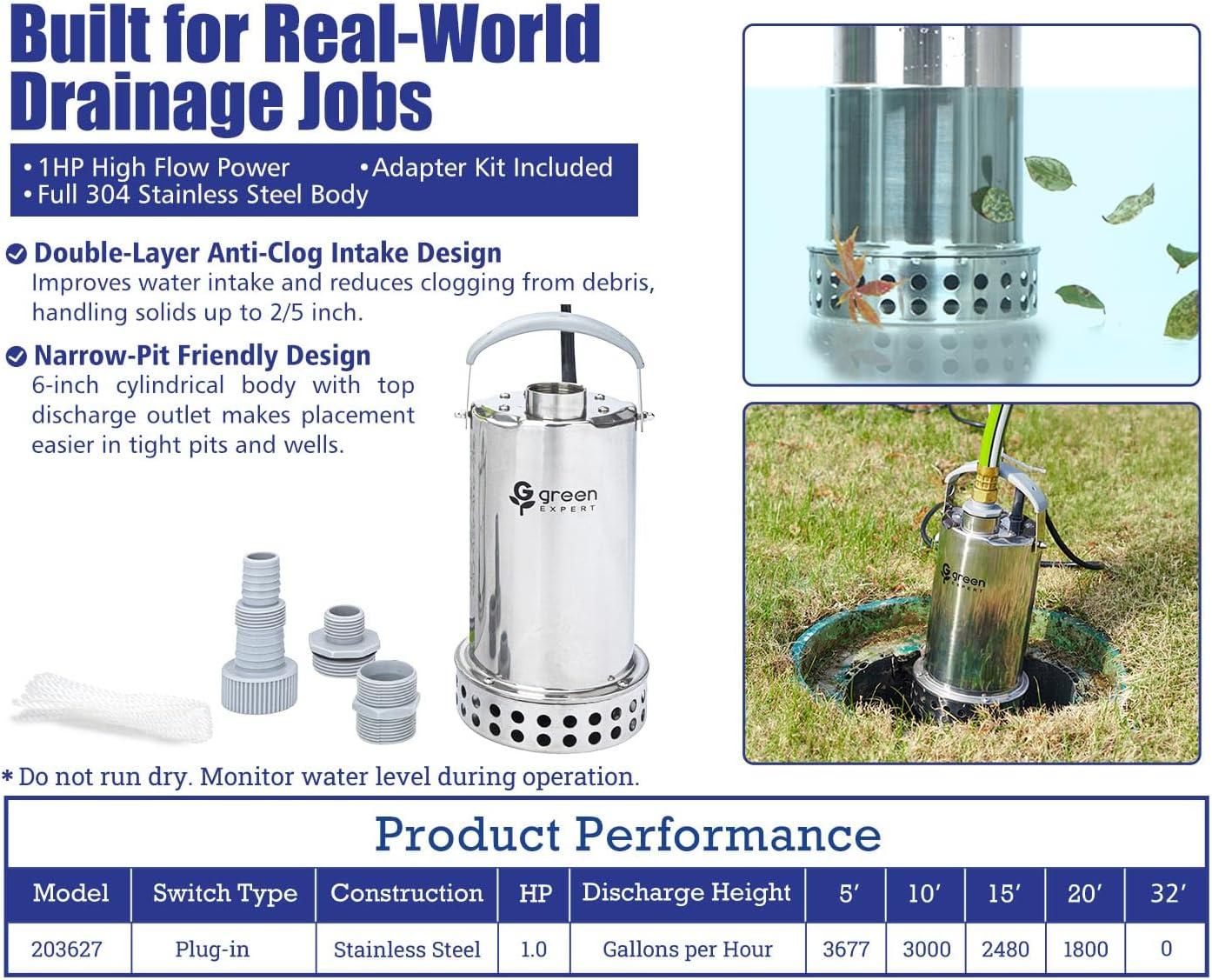 Green Expert 1HP Submersible Sump Pump, 4000GPH Full 304 Stainless Steel Manual Utility Pump with Adapter Kit, Oil-Free Top Discharge Water Removal for Basements, Pools, Hot Tubs & Drainage Pits