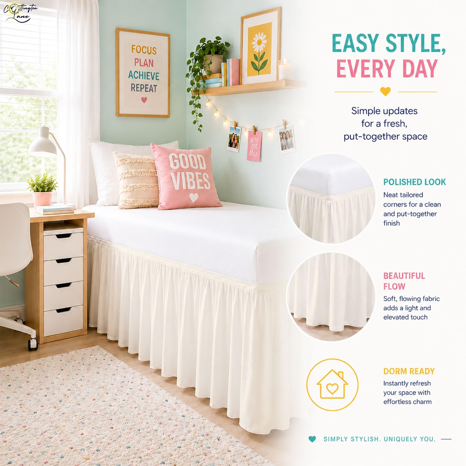 Cottington Lane Ruffled Dorm Room Bed Skirt Twin XL 25 Inch Drop, Hotel Quality Premium Brushed Microfiber Twin Extra Long College Dust Ruffle, White