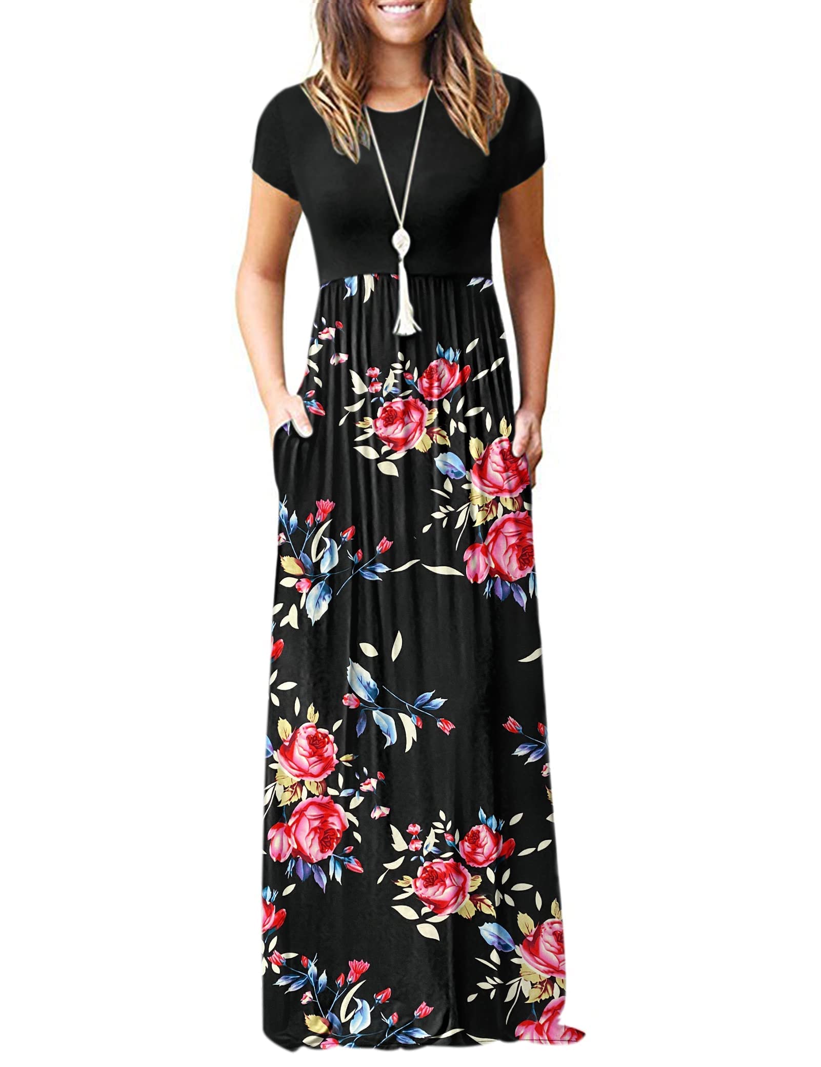 MISFAY Women Short Sleeve Loose Plain Maxi Dresses Casual Long Dresses Pockets