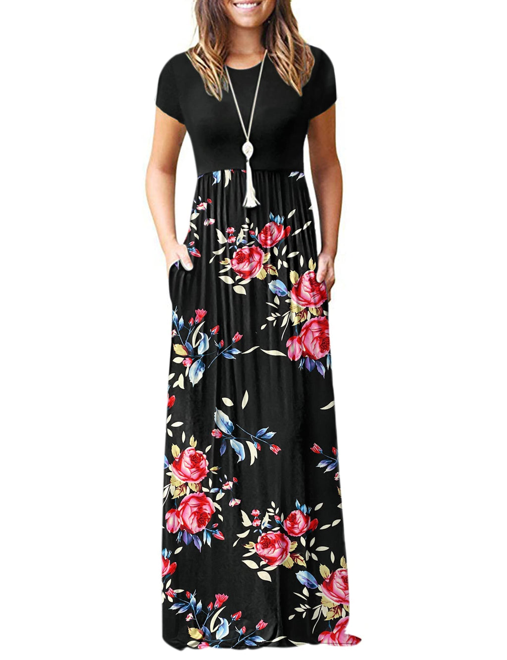 MISFAY Women Short Sleeve Loose Plain Maxi Dresses Casual Long Dresses Pockets