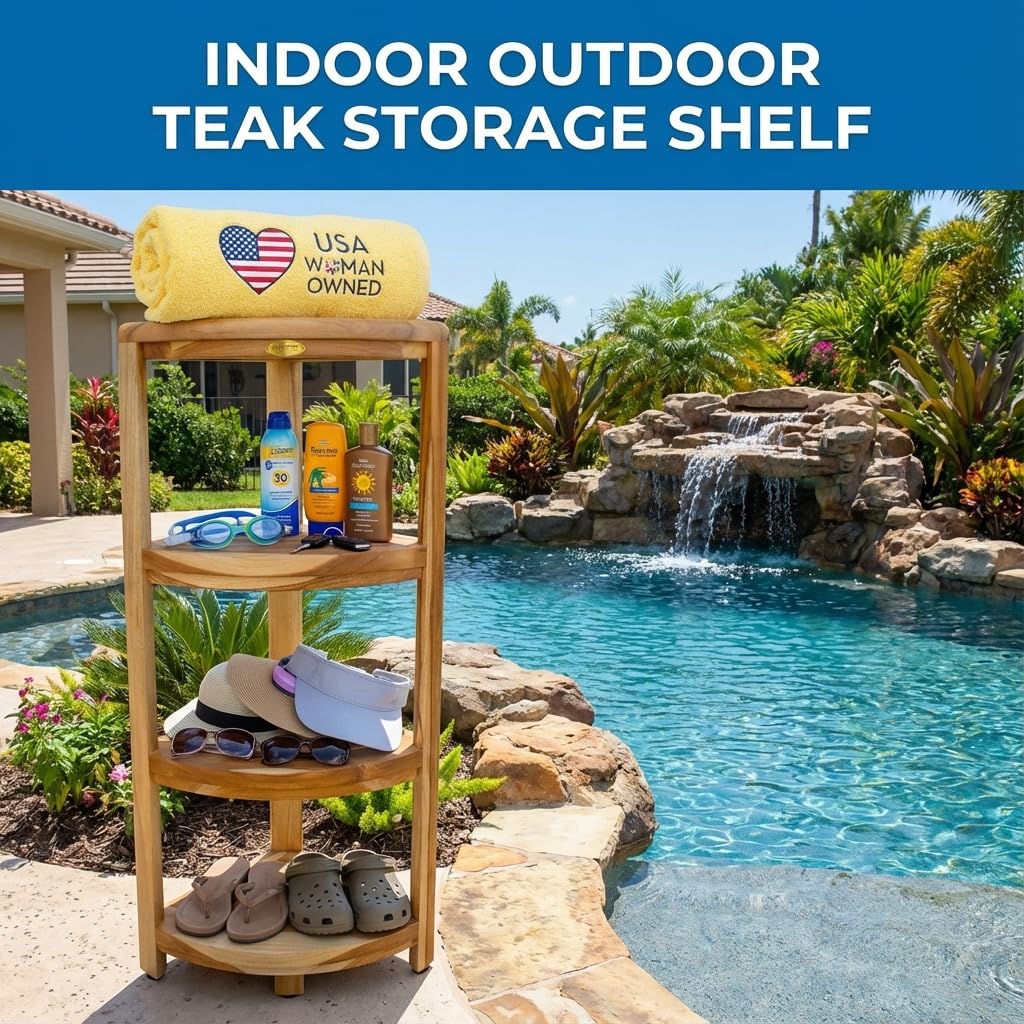 DecoTeak Teak Corner Shower Shelf – 2 Tier Waterproof Bathroom Storage Organizer Compact Wood Storage | Water-Resistant Design | Space Saver for Showers & Small Bathrooms | Shaving Foot Rest