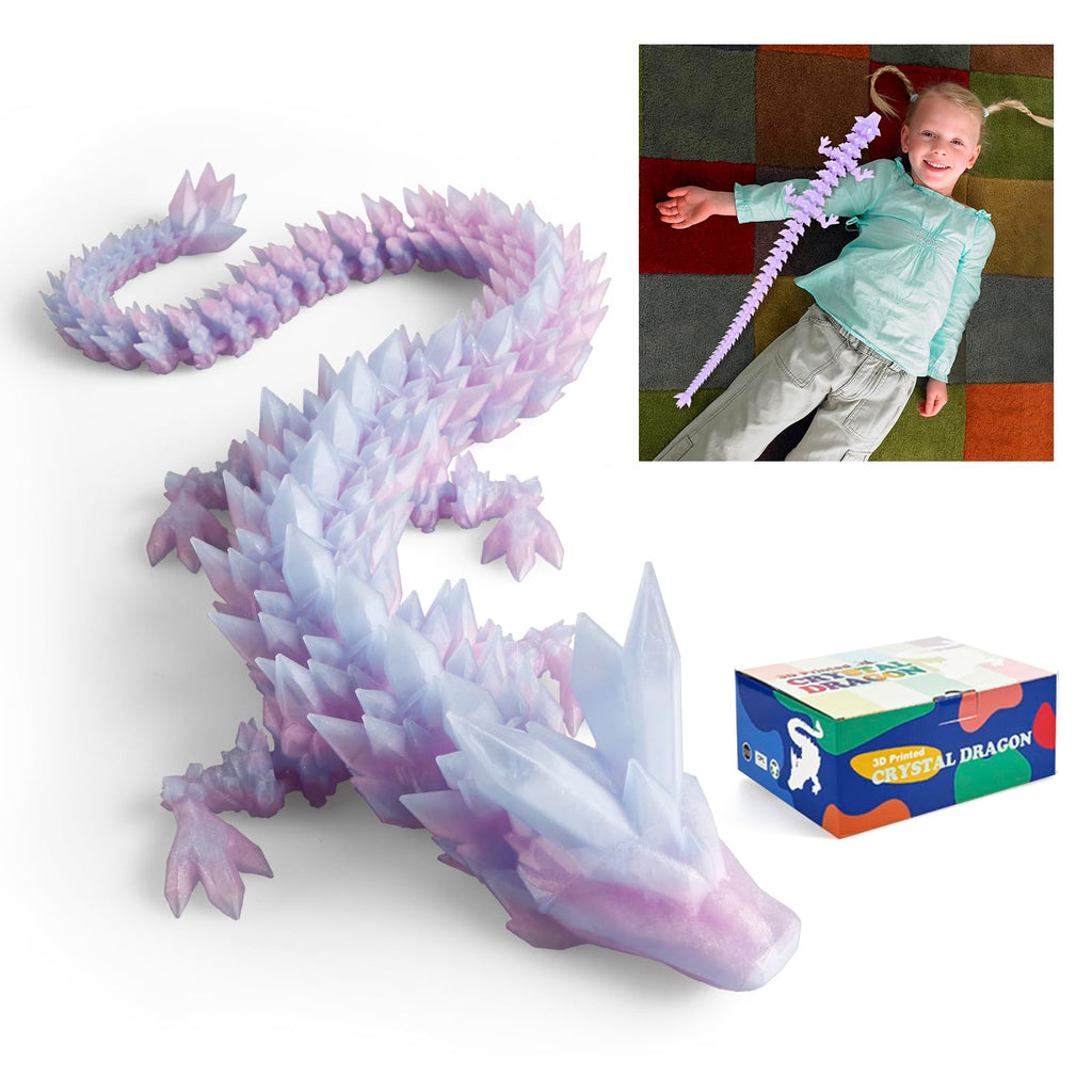 24" Large 3D Printed Dragon - Huge Articulated Crystal Dragon Fidget Toy, Giant Flexible 3D Dragon Figure, Birthday Gift for Boys Girls Kids & Collectors, Home Office Executive Desk Decor