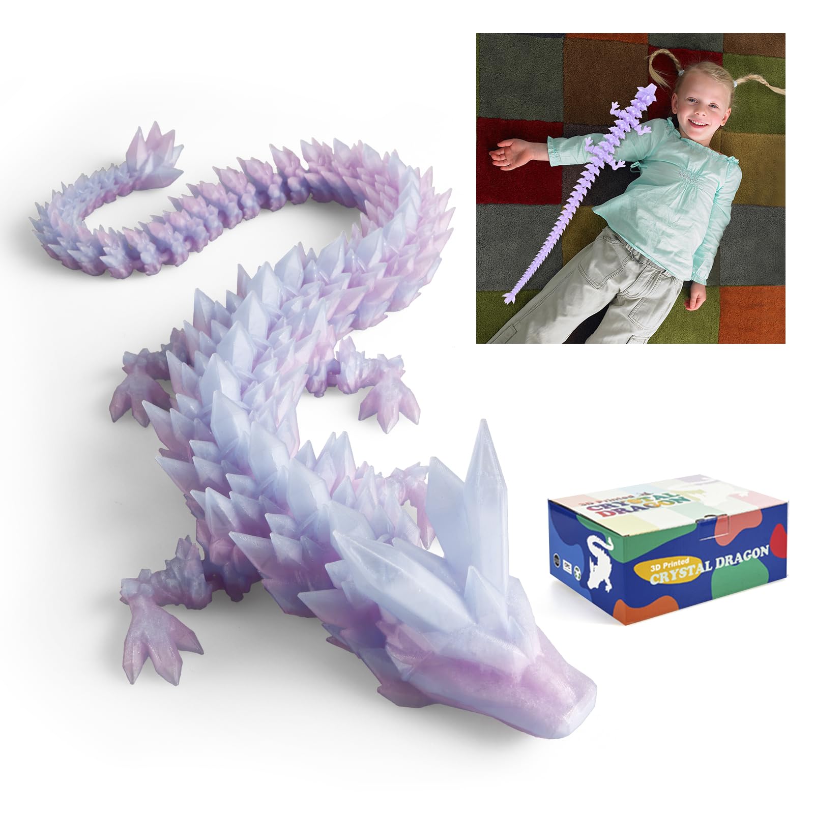 24" Large 3D Printed Dragon - Huge Articulated Crystal Dragon Fidget Toy, Giant Flexible 3D Dragon Figure, Birthday Gift for Boys Girls Kids & Collectors, Home Office Executive Desk Decor