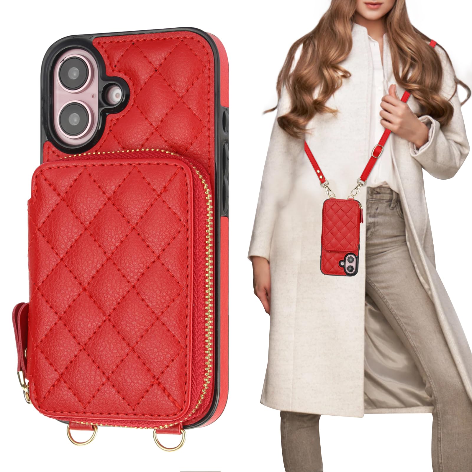 Bocasal Crossbody Wallet Case for iPhone 16, RFID Blocking PU Leather Zipper Handbag Purse Flip Cover, Kickstand Folio Case with Card Slots Holder Wrist Strap Lanyard 5G 6.1 Inch (Black)