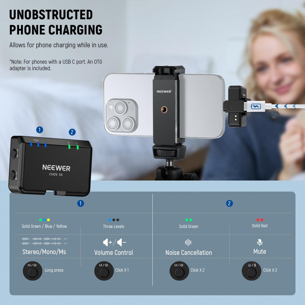 NEEWER CM28 Wireless Lavalier Microphone System, 1 Click Noise Canceling, 4GB Storage for 9Hrs of 48KHz 16 Bit Uncompressed Audio, Lapel Mic Compatible with iPhone/Android/PC/Camera/iPad