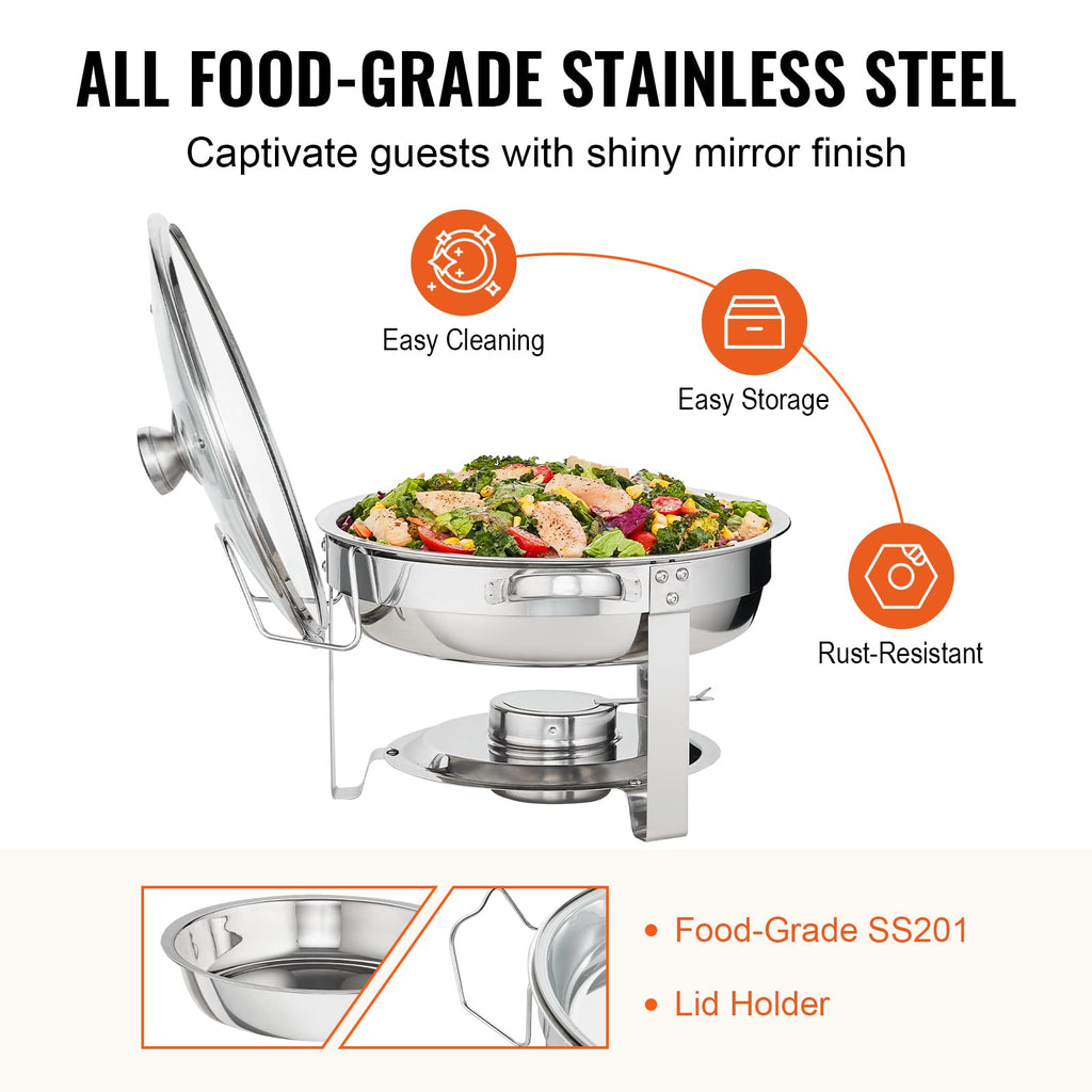 VEVOR Chafing Dish Buffet Set, 5 Qt 4 Pack, Stainless Steel Chafer with 4 Full Size Pan, Round Catering Warmer Server with Glass Lid Water Pan Folding Stand Fuel Holder, for Wedding Banquet, Gold