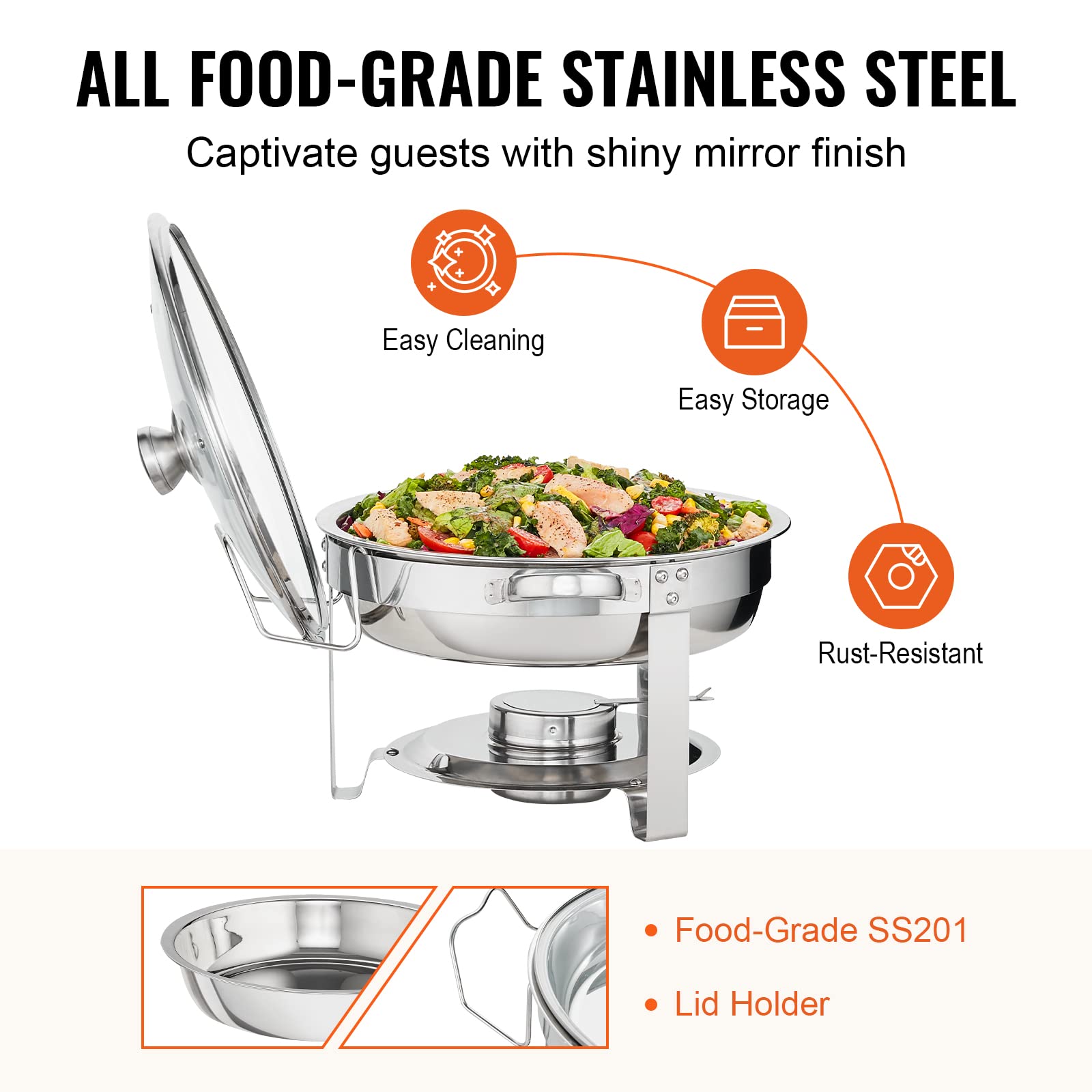VEVOR Chafing Dish Buffet Set, 5 Qt 4 Pack, Stainless Steel Chafer with 4 Full Size Pan, Round Catering Warmer Server with Glass Lid Water Pan Folding Stand Fuel Holder, for Wedding Banquet, Gold