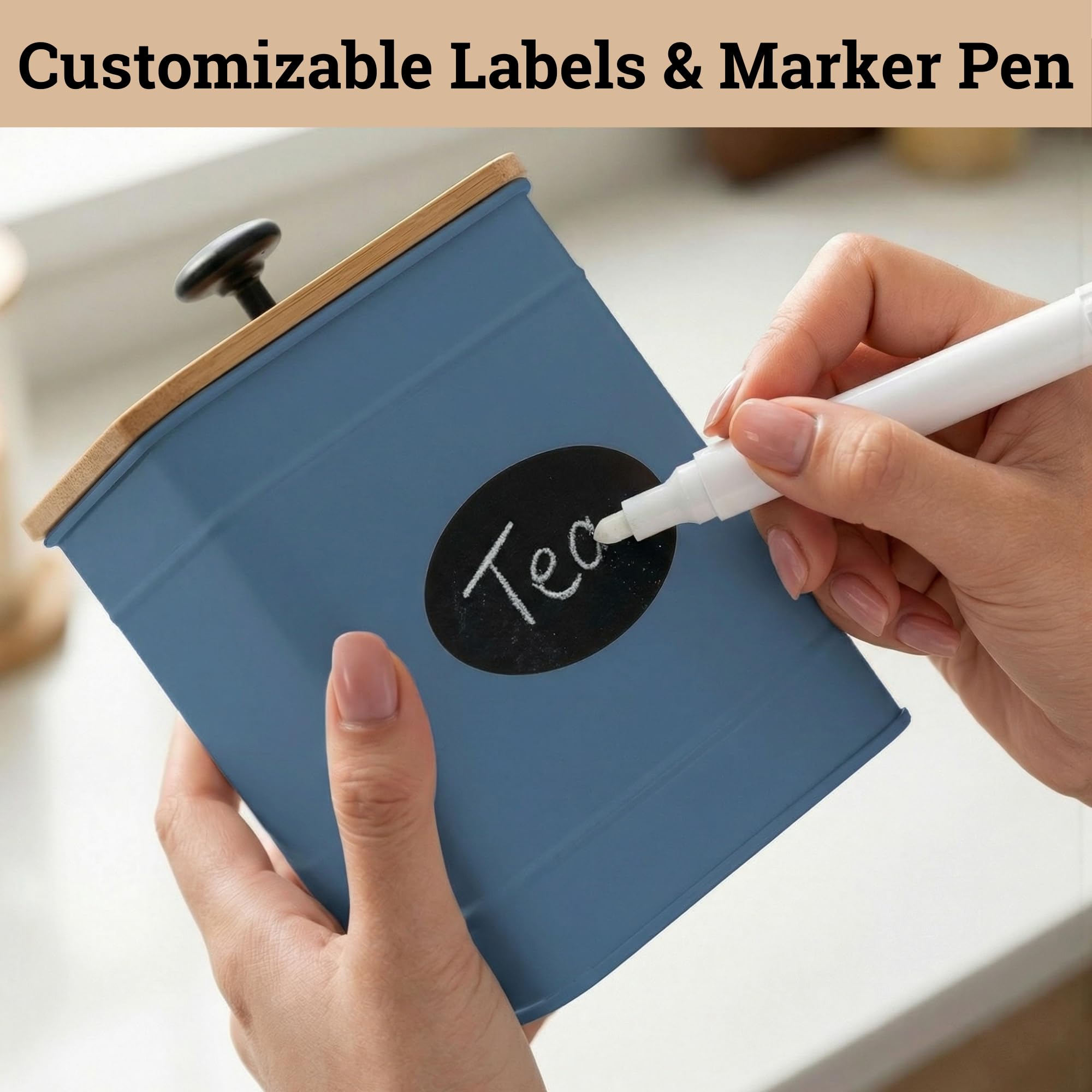 Kitchen Canisters for Countertop Set of 4 w/ Chalkboard Labels & Marker Pen | Airtight Easy Open Bamboo Lids, Dent-Resistant Thick Metal, Customizable Chalkboard Labels, Marker Pen Included, Set of 4