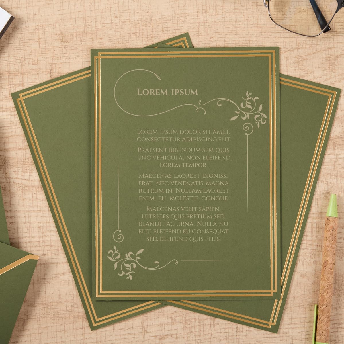 50 Pack Stationery Set with Envelopes, Cream Color, 8.5x11 Inches | Gold Border, #10 Business Envelopes and 8.5x11 Paper Sheets, Stickers for Letter Writing, Invitations