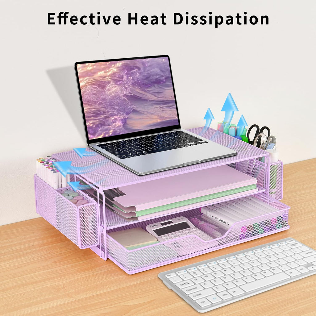 AUPSEN 2 Tier Computer Monitor Stands with Drawer and 2 Pencil Holder, Metal Monitor Stand Monitor riser, Computer Desk Organizer and Accessories for Laptop, Computer, Printer, Office Supplies(Black)
