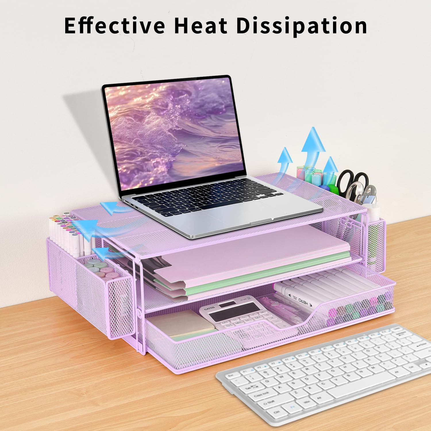 AUPSEN 2 Tier Computer Monitor Stands with Drawer and 2 Pencil Holder, Metal Monitor Stand Monitor riser, Computer Desk Organizer and Accessories for Laptop, Computer, Printer, Office Supplies(Black)