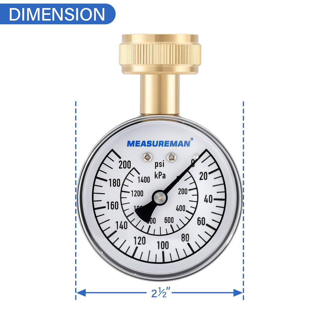 MEASUREMAN 2" Water Pressure Test Gauge, 3/4" Female Hose Thread, 0-200 psi/kpa with Maximum Pressure Memory (Pack of 2)