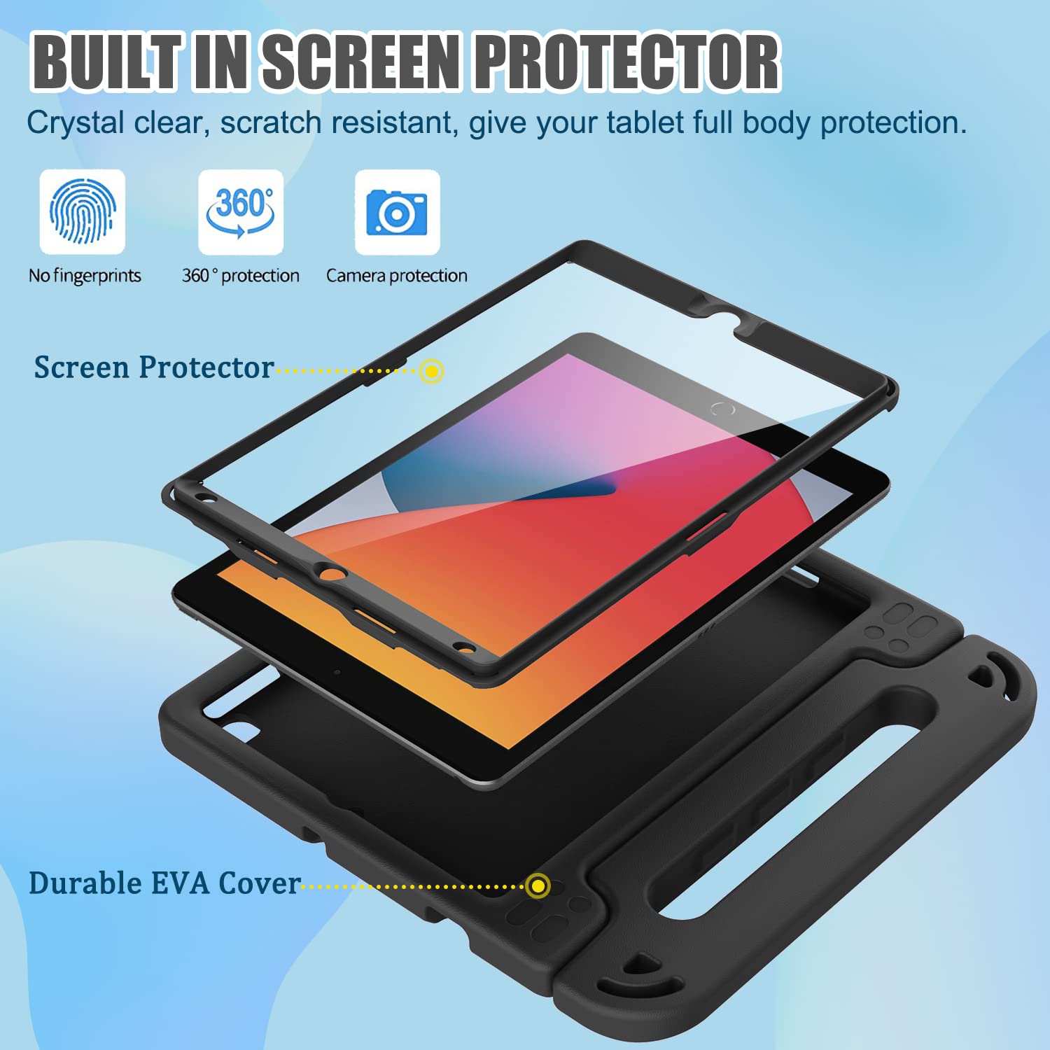 AVAWO Kids Case for iPad 10.2" 9th & 8th & 7th Generation, iPad 10.2 2021/2020/2019 Case with Built-in Screen Protector, Light Weight Shock Proof Handle Stand Friendly Cover for iPad 10.2" - Black