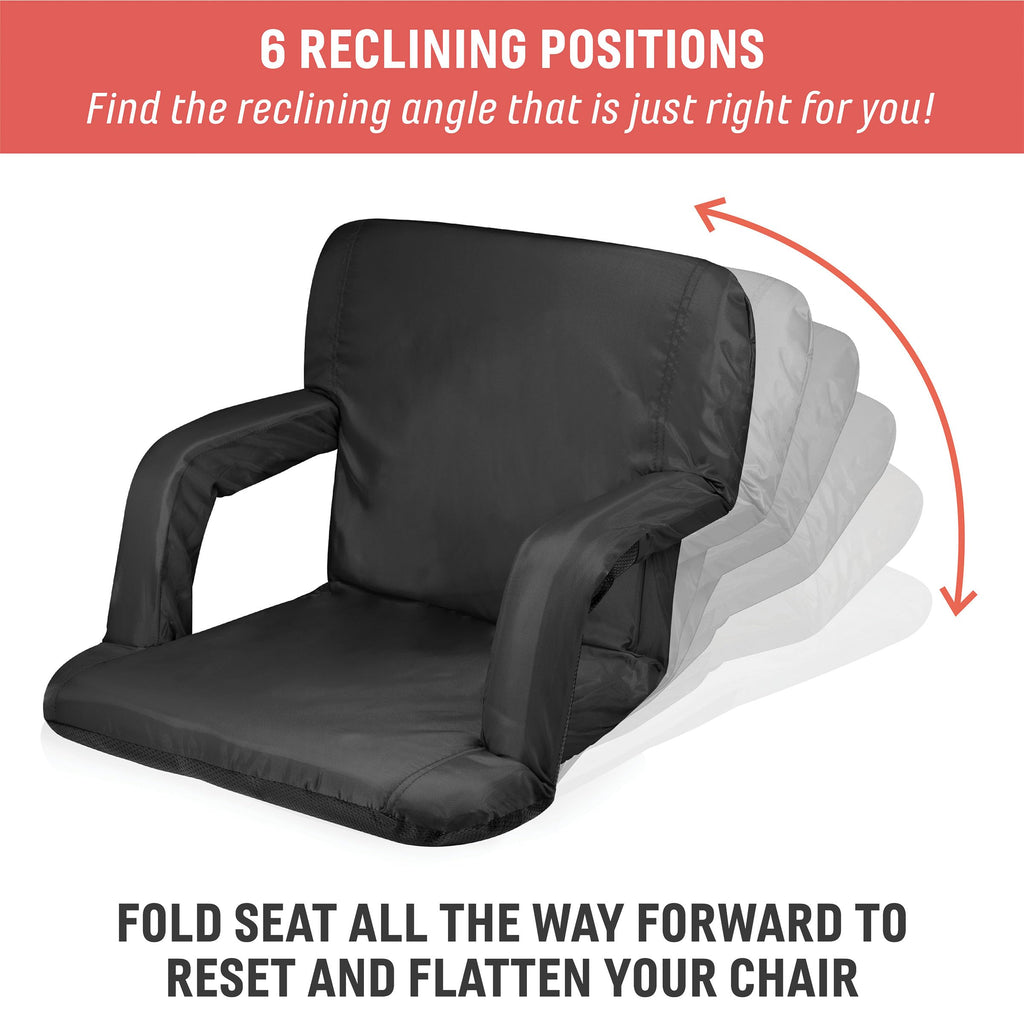 PICNIC TIME Ventura Portable Reclining Stadium Seat with Back Support, Folding Bleacher Chairs with Back and Cushion, Thick Padded Stadium Seat, Armrest, and Six Backrest Positions, (Black, Standard)